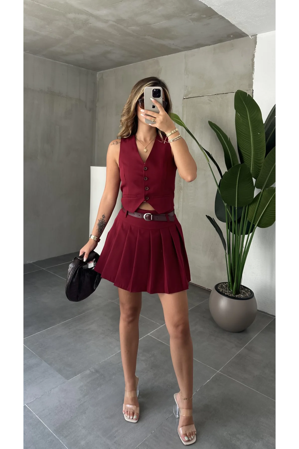 Bordo Düğmeli Kolsuz Yelek&Astarlı Mini Şort Etek Alt Üst Takım