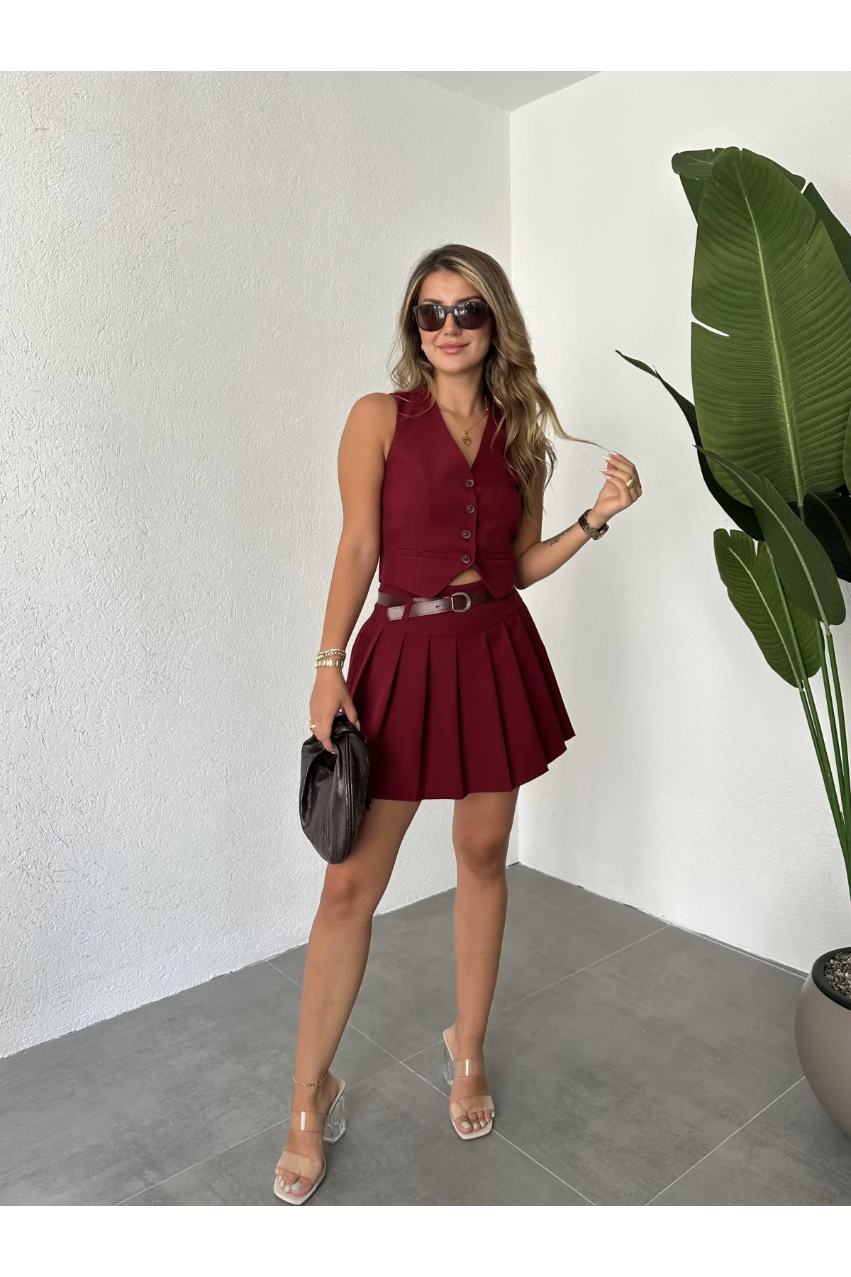 Bordo Düğmeli Kolsuz Yelek&Astarlı Mini Şort Etek Alt Üst Takım