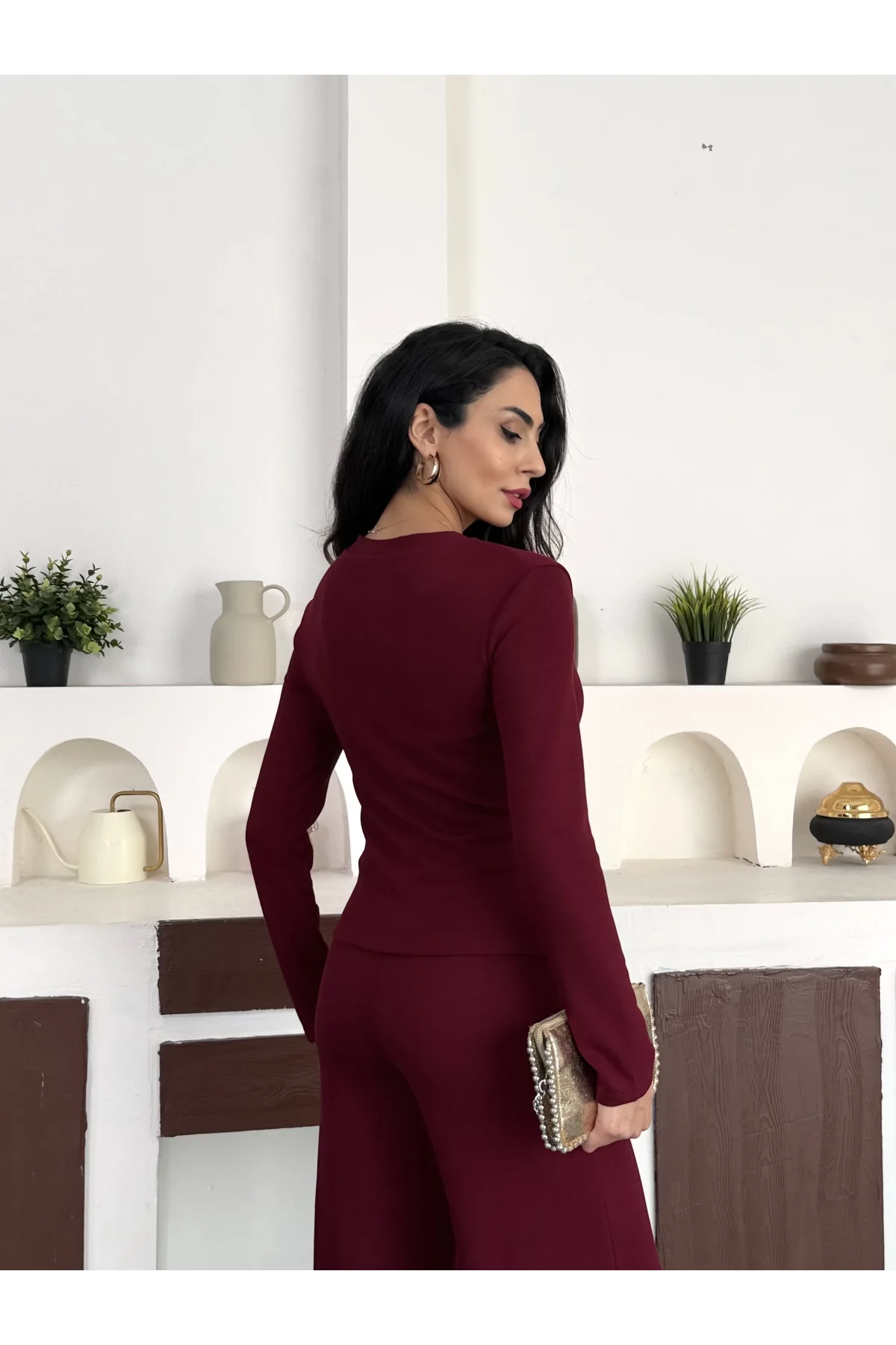 Bordo Gold Düğme Detaylı V Yaka Hırka İspanyol Paça Çimalı Viral Günlük Takım