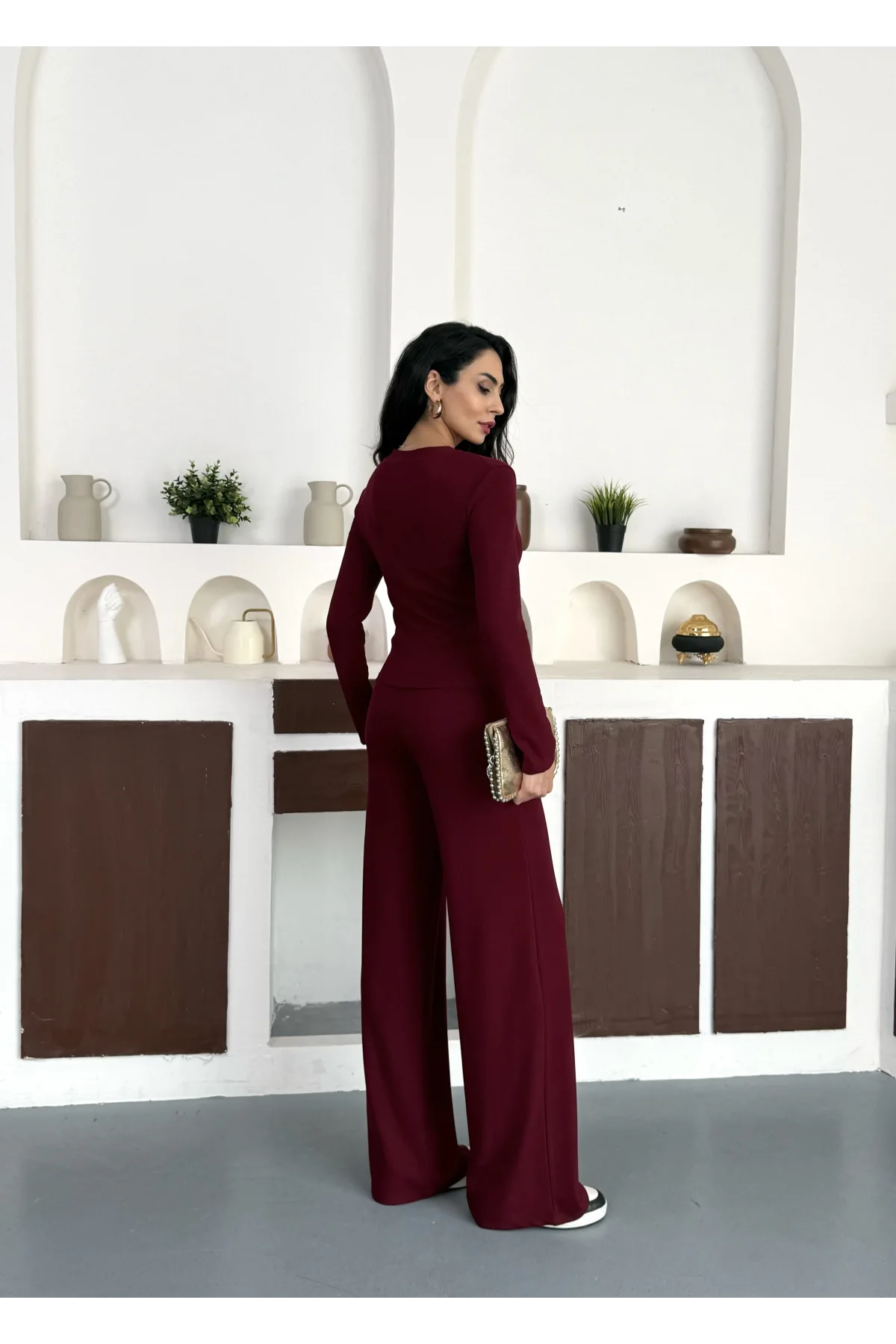 Bordo Gold Düğme Detaylı V Yaka Hırka İspanyol Paça Çimalı Viral Günlük Takım