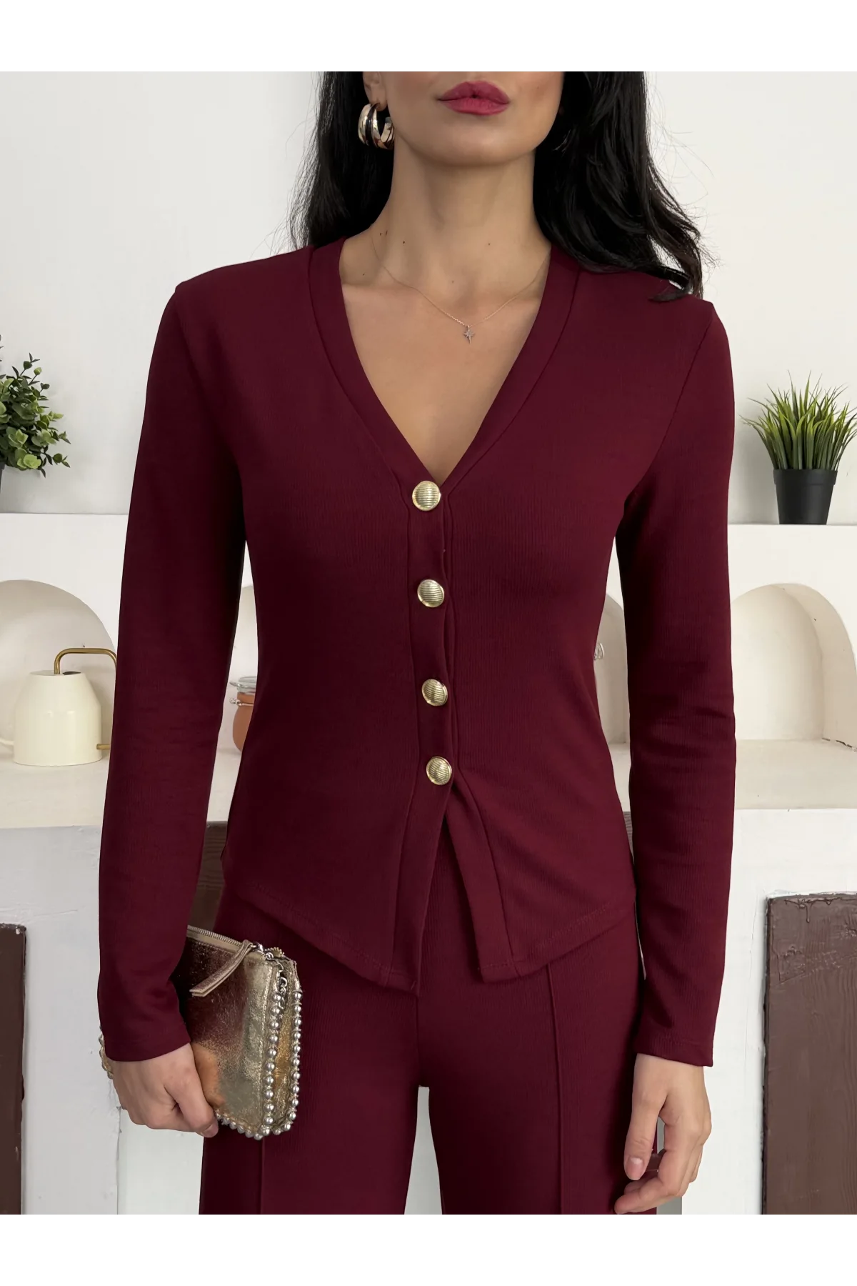 Bordo Gold Düğme Detaylı V Yaka Hırka İspanyol Paça Çimalı Viral Günlük Takım