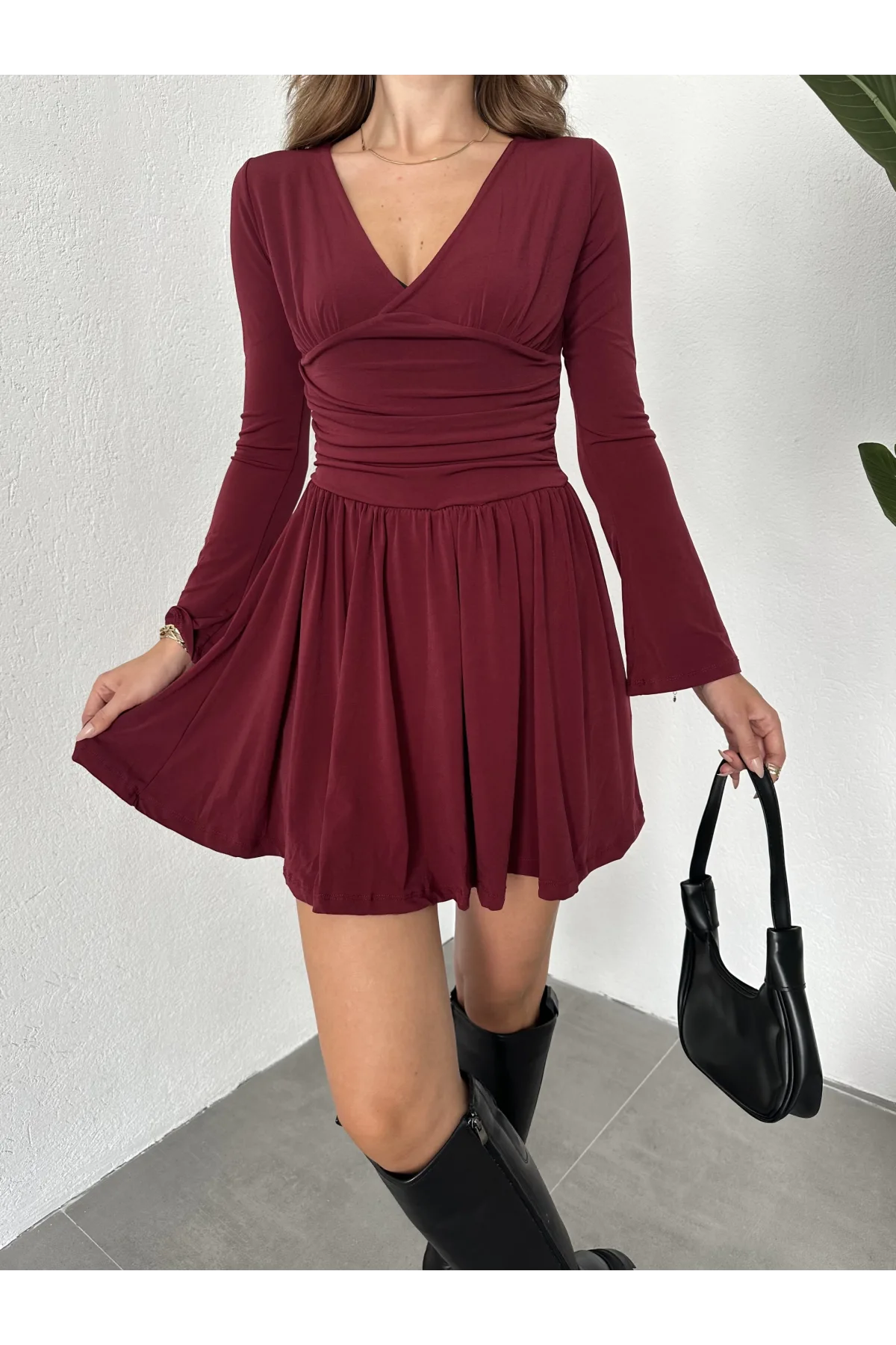 Bordo İçi Şortlu Uzun Kollu V Yaka Mini Candy Elbise