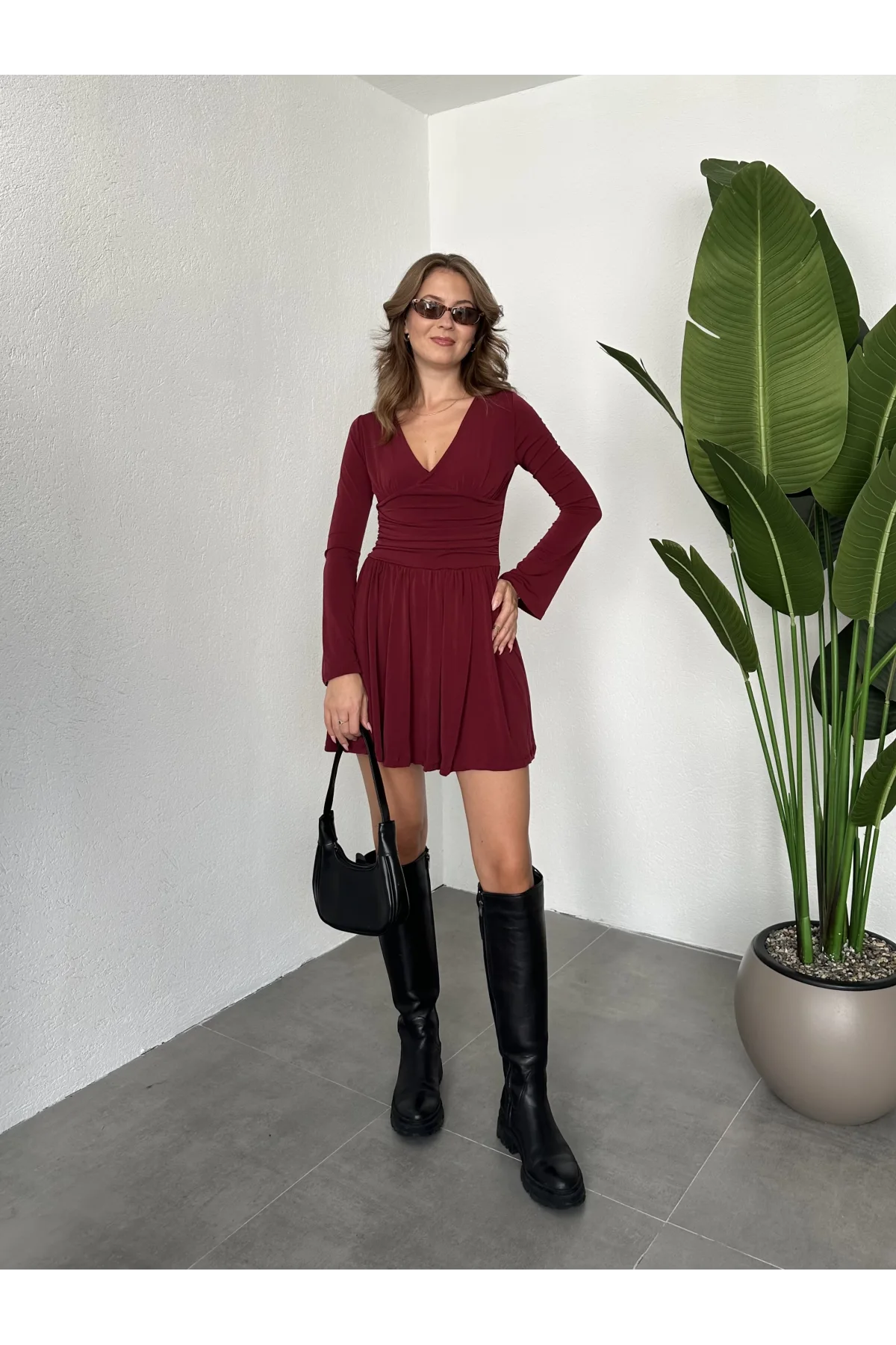 Bordo İçi Şortlu Uzun Kollu V Yaka Mini Candy Elbise