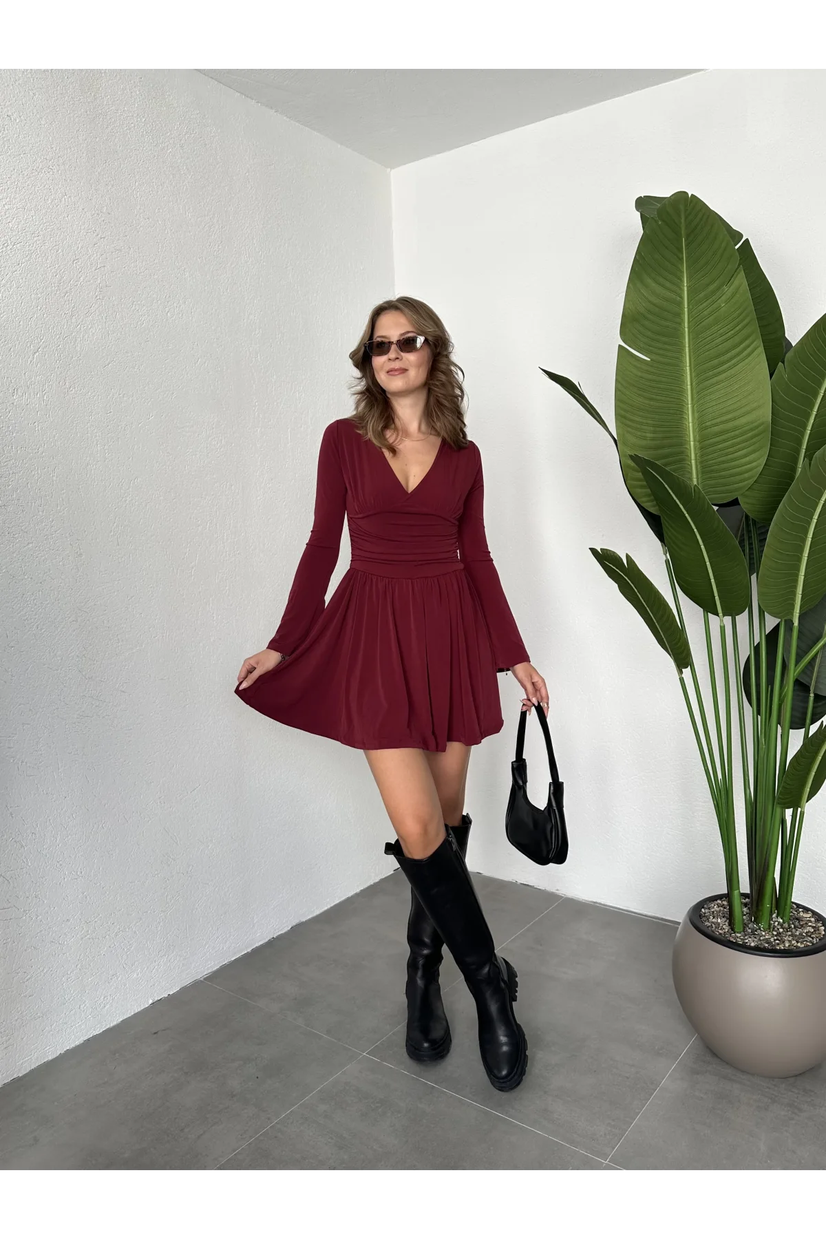 Bordo İçi Şortlu Uzun Kollu V Yaka Mini Candy Elbise