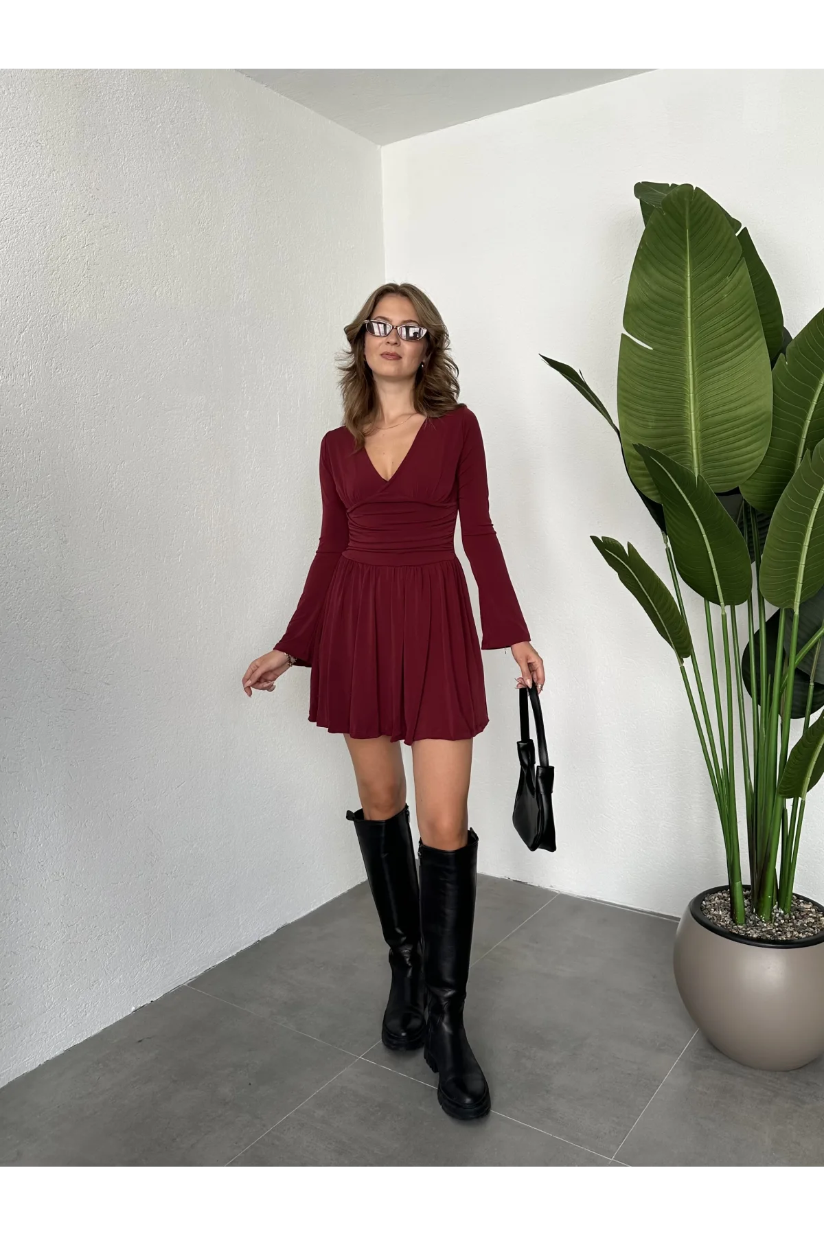 Bordo İçi Şortlu Uzun Kollu V Yaka Mini Candy Elbise