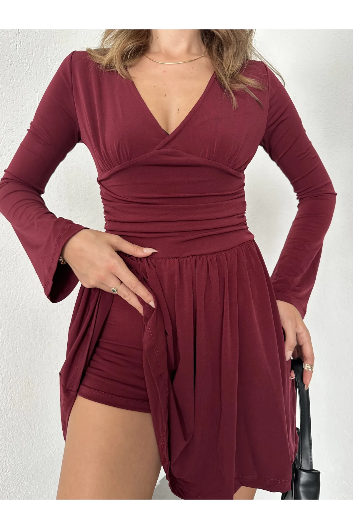 Bordo İçi Şortlu Uzun Kollu V Yaka Mini Candy Elbise