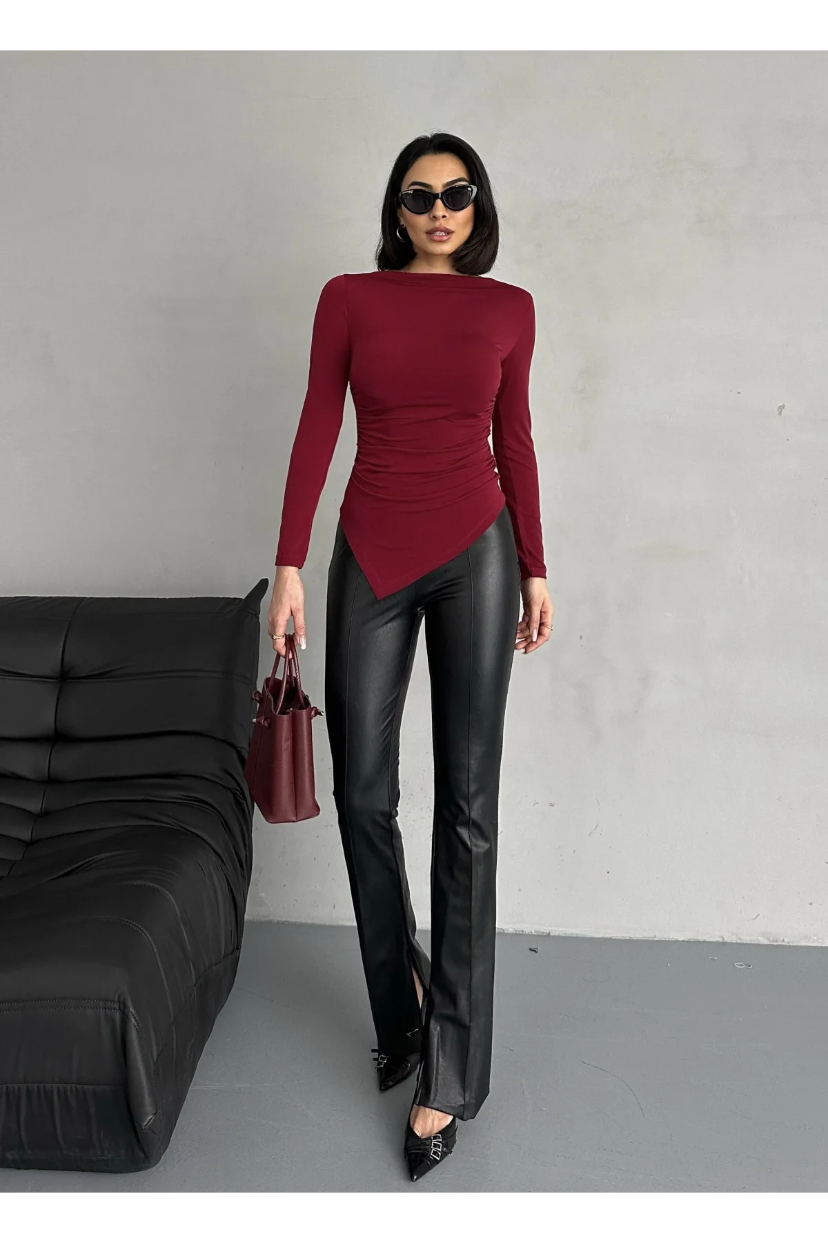 Bordo Zr Model Asimetrik Kesim Drapeli Büzgülü Candy Body Bluz