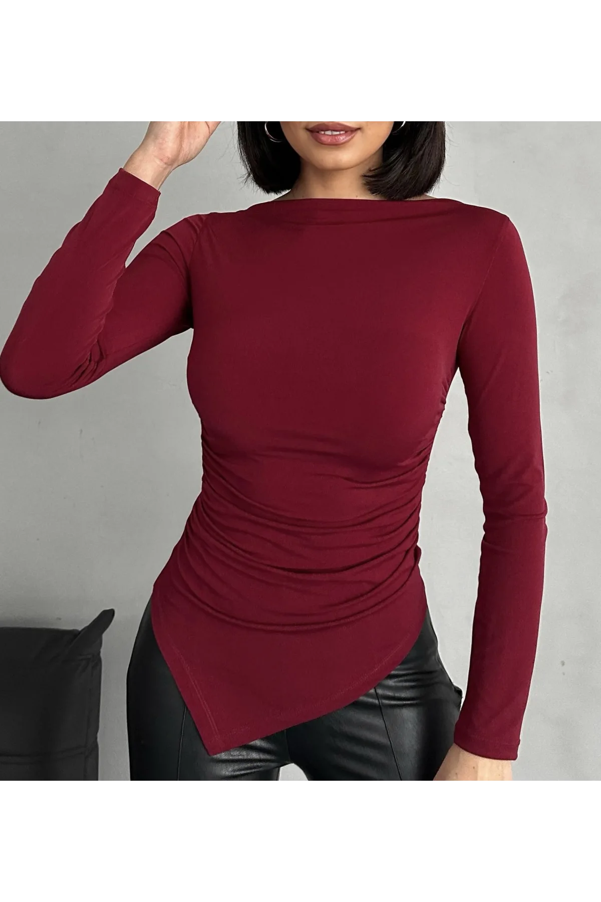 Bordo Zr Model Asimetrik Kesim Drapeli Büzgülü Candy Body Bluz