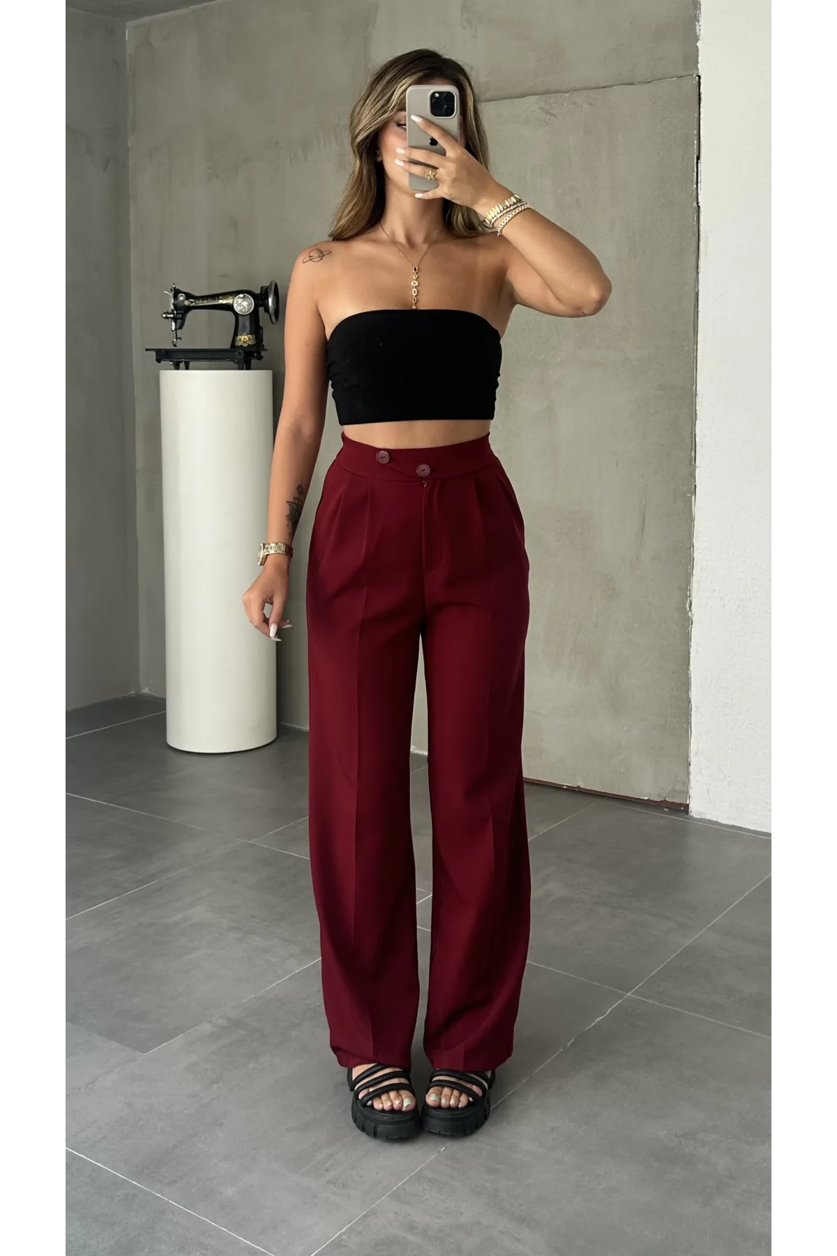 Bordo Kore Model Yüksek Bel Palazzo Pantolon