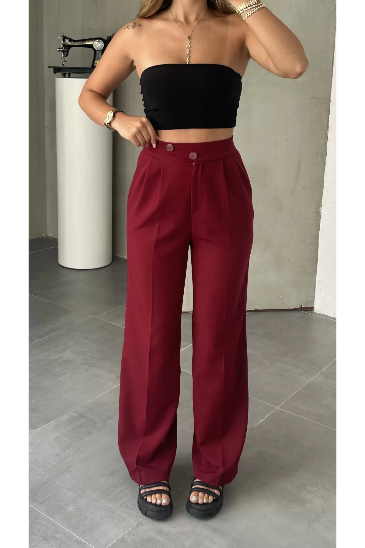 Bordo Kore Model Yüksek Bel Palazzo Pantolon