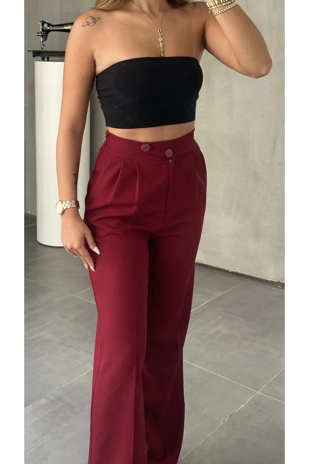 Bordo Kore Model Yüksek Bel Palazzo Pantolon