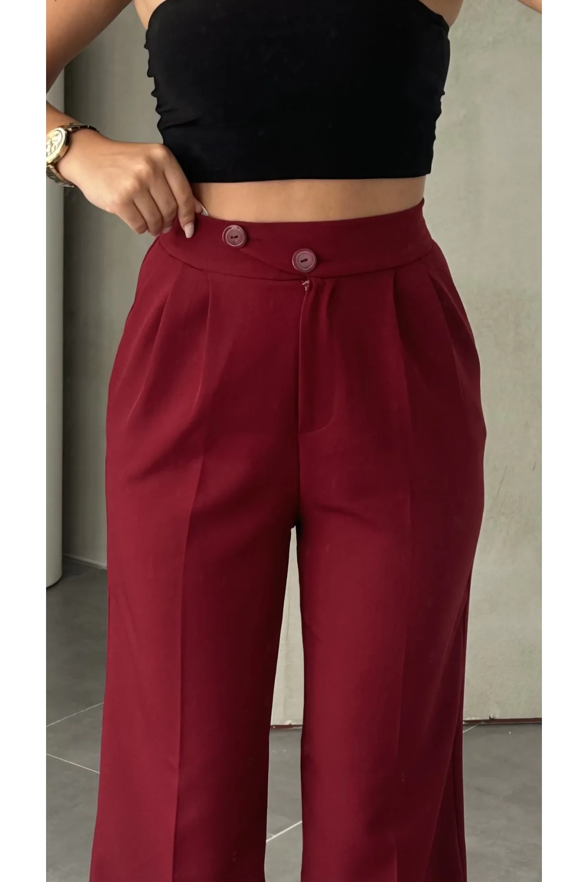 Bordo Kore Model Yüksek Bel Palazzo Pantolon