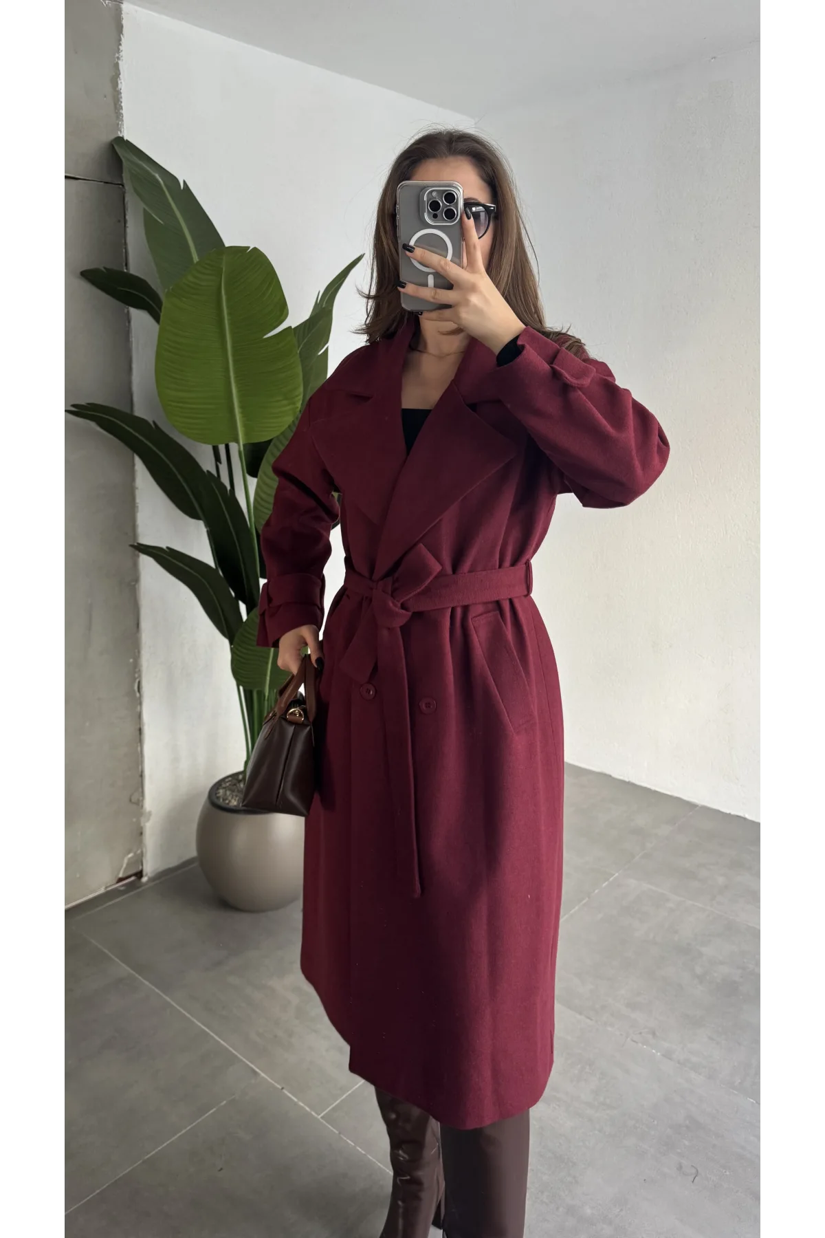 Bordo Kruvaze Oversize Premium Kalite Kuşaklı Tam Boy Uzun Kaşe Mont