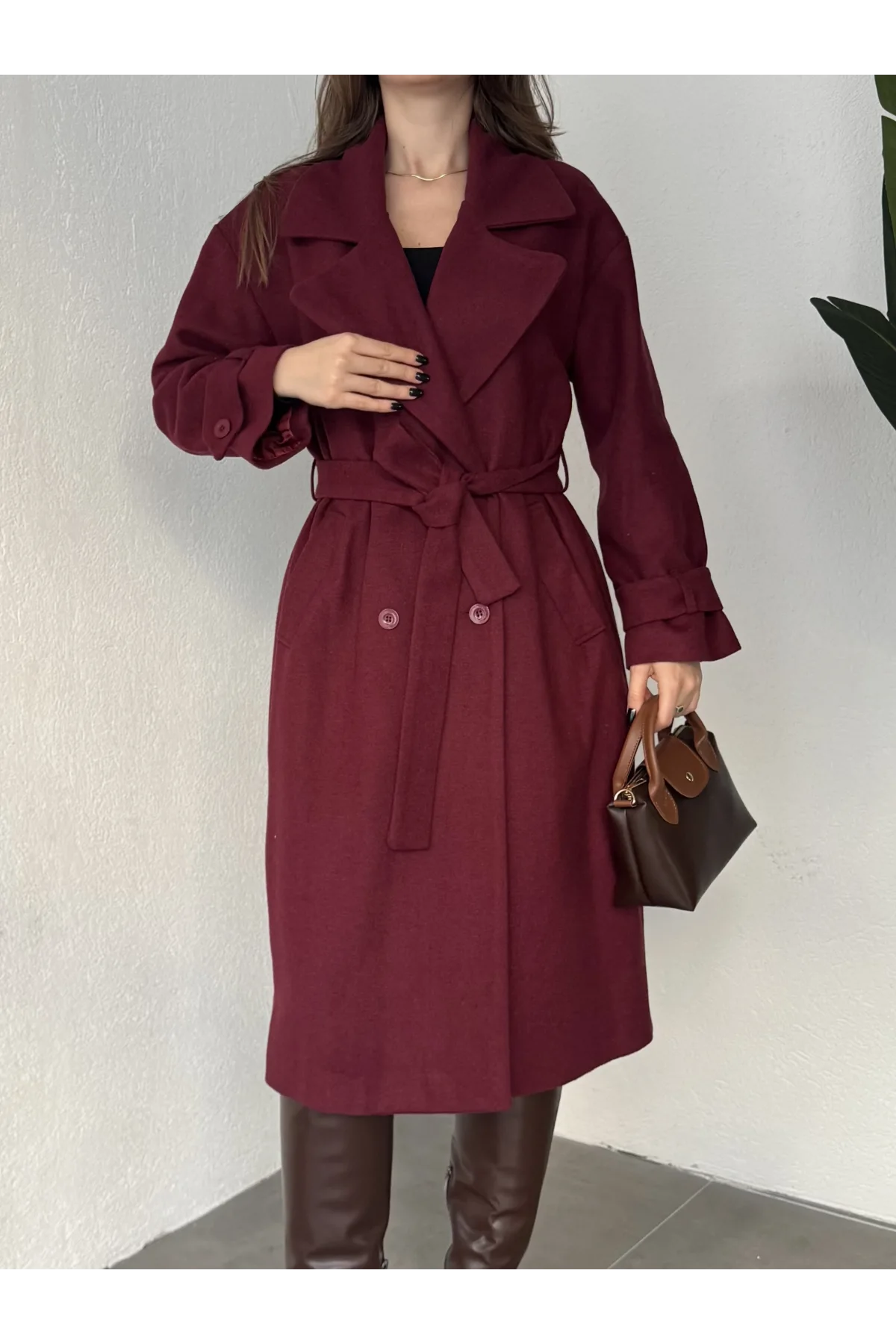 Bordo Kruvaze Oversize Premium Kalite Kuşaklı Tam Boy Uzun Kaşe Mont