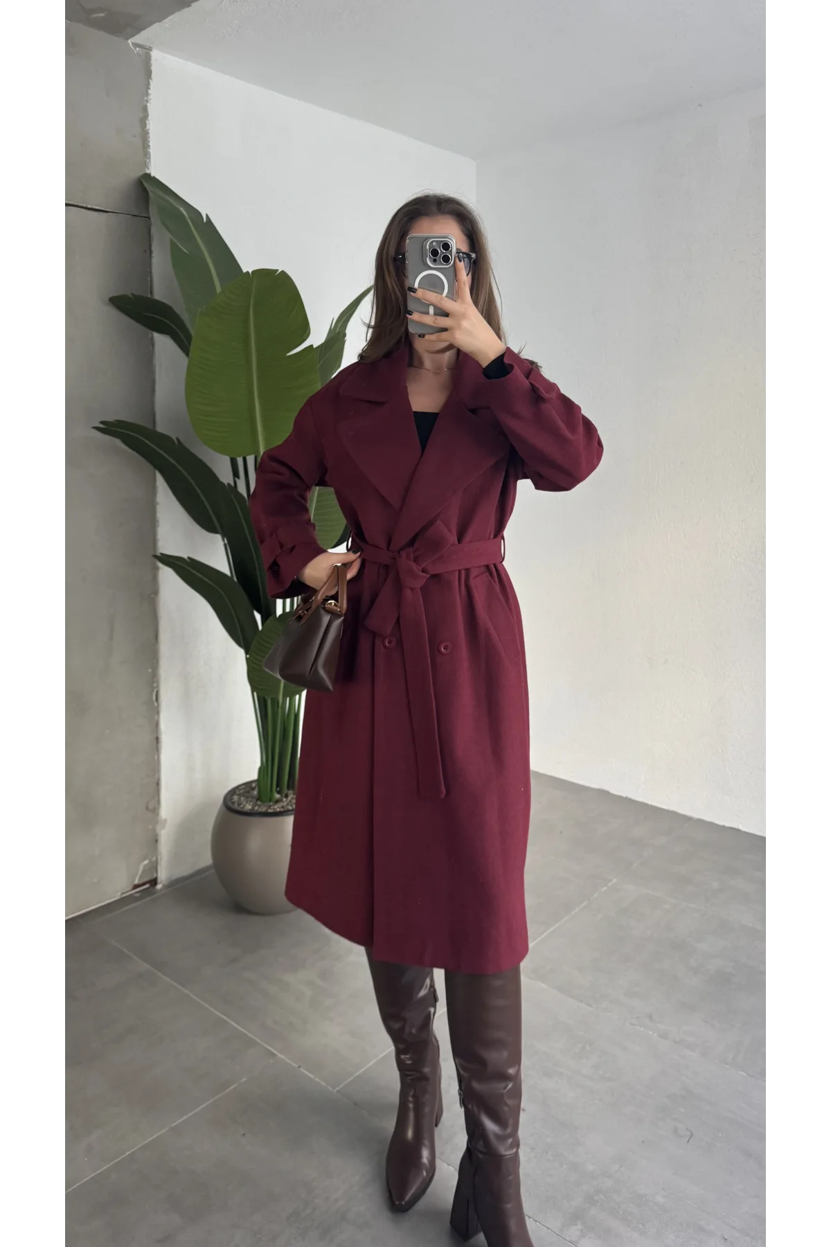 Bordo Kruvaze Oversize Premium Kalite Kuşaklı Tam Boy Uzun Kaşe Mont