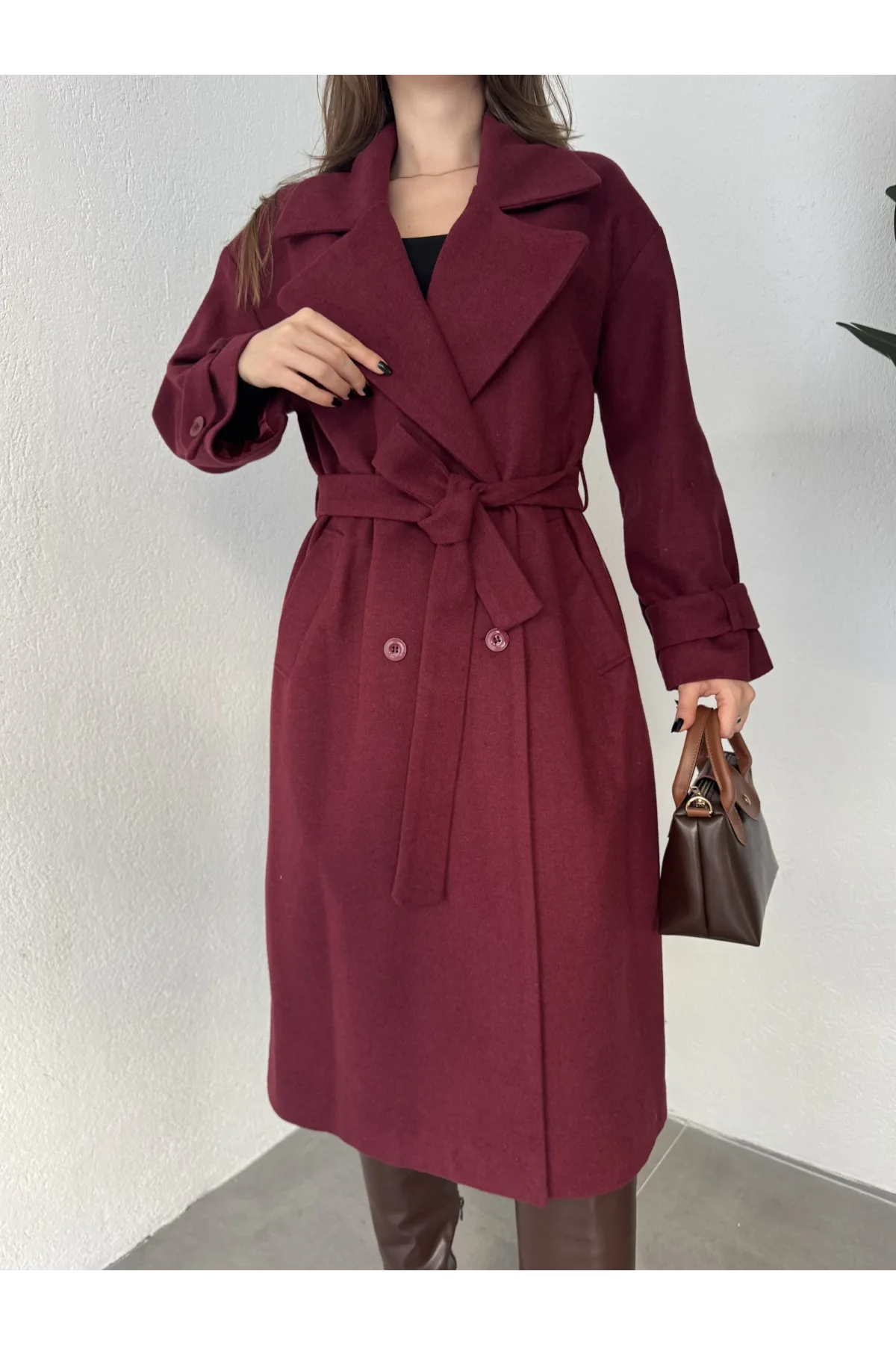 Bordo Kruvaze Oversize Premium Kalite Kuşaklı Tam Boy Uzun Kaşe Mont