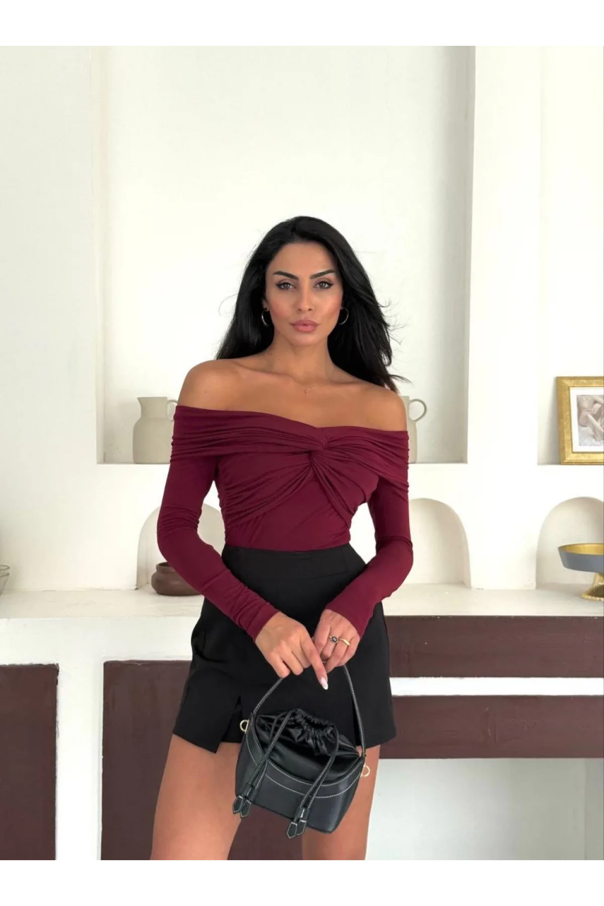 Bordo Madonna Yaka Düğümlü Sandy Bluz