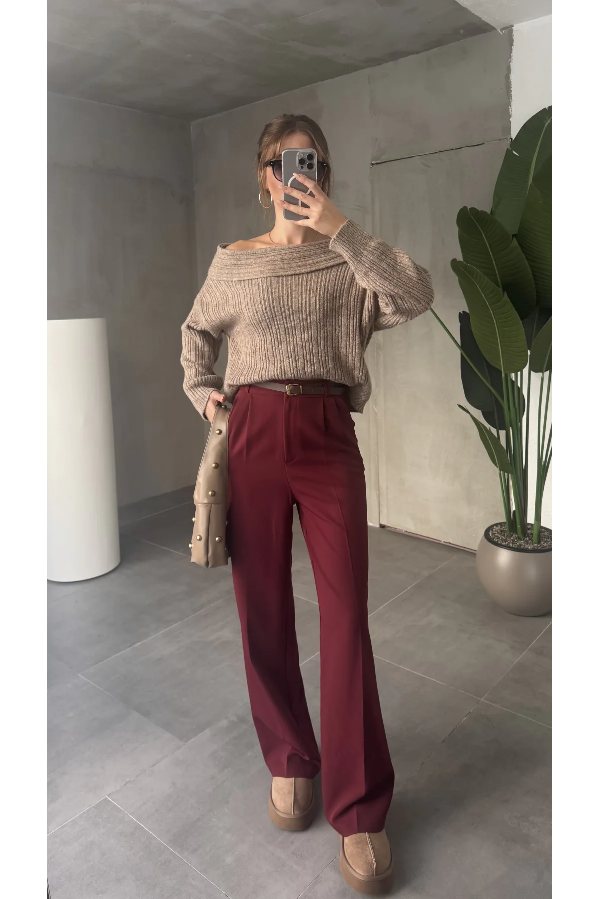 Bordo Pileli Tam Kalıp Bel Oturtmalı Geniş Paça Palazzo Pantolon