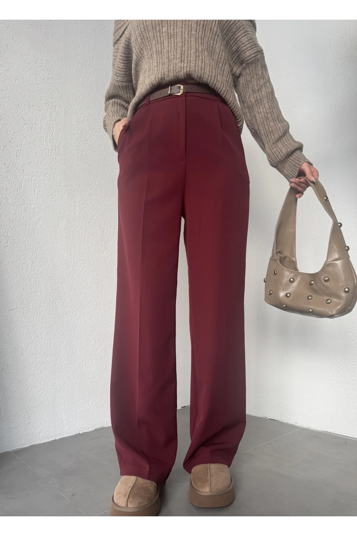 Bordo Pileli Tam Kalıp Bel Oturtmalı Geniş Paça Palazzo Pantolon