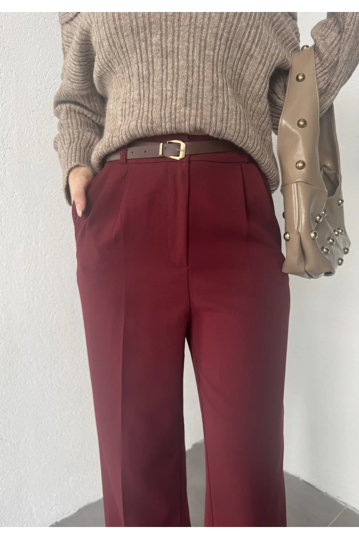 Bordo Pileli Tam Kalıp Bel Oturtmalı Geniş Paça Palazzo Pantolon