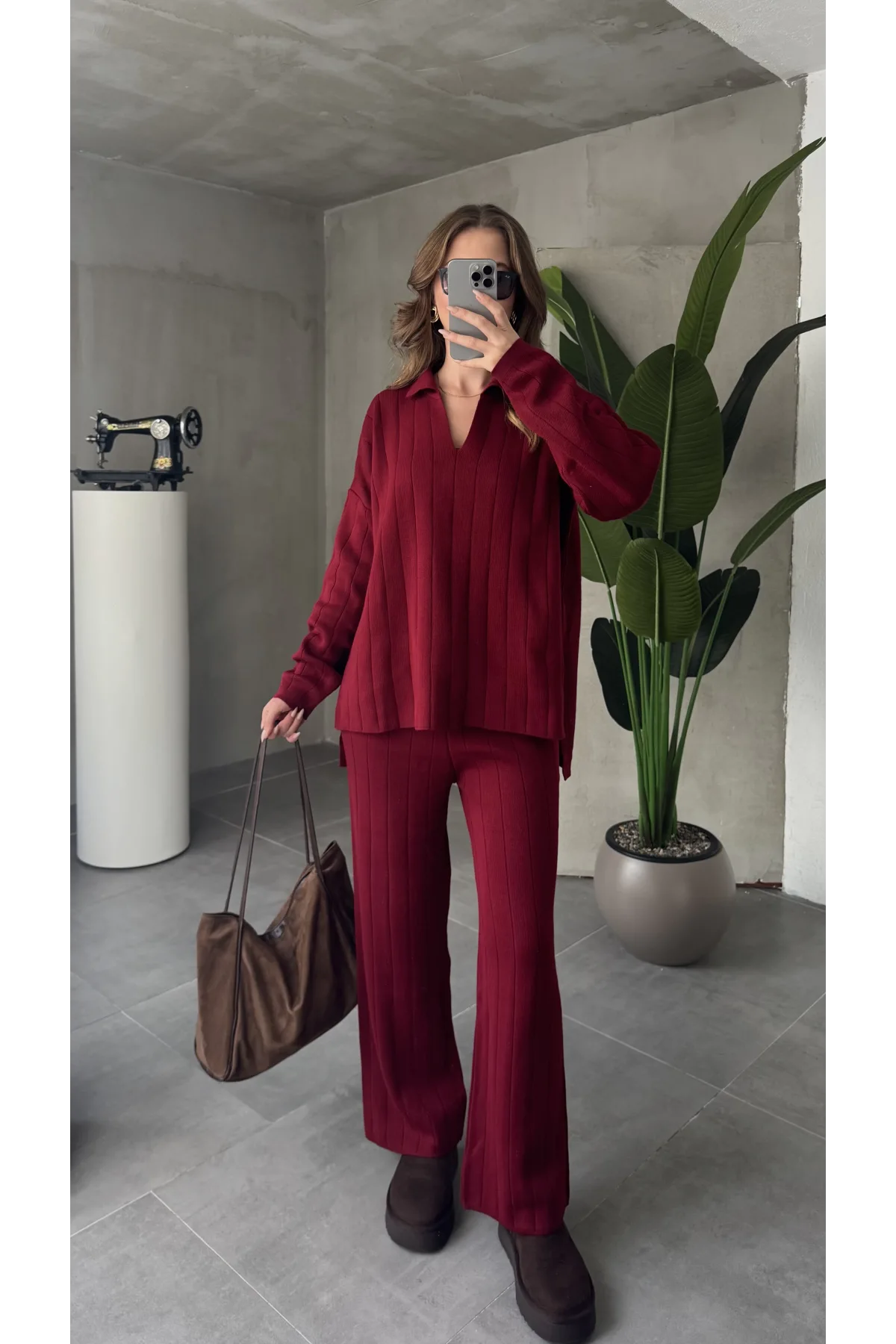 Bordo Polo Yakalı Kazak İspanyol Paça Triko Pantolon İkili Takım