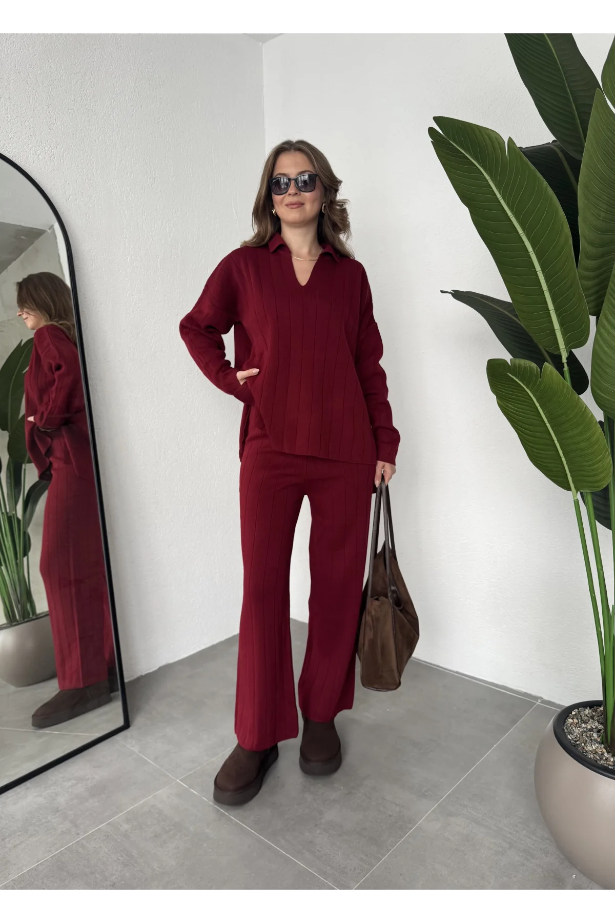 Bordo Polo Yakalı Kazak İspanyol Paça Triko Pantolon İkili Takım