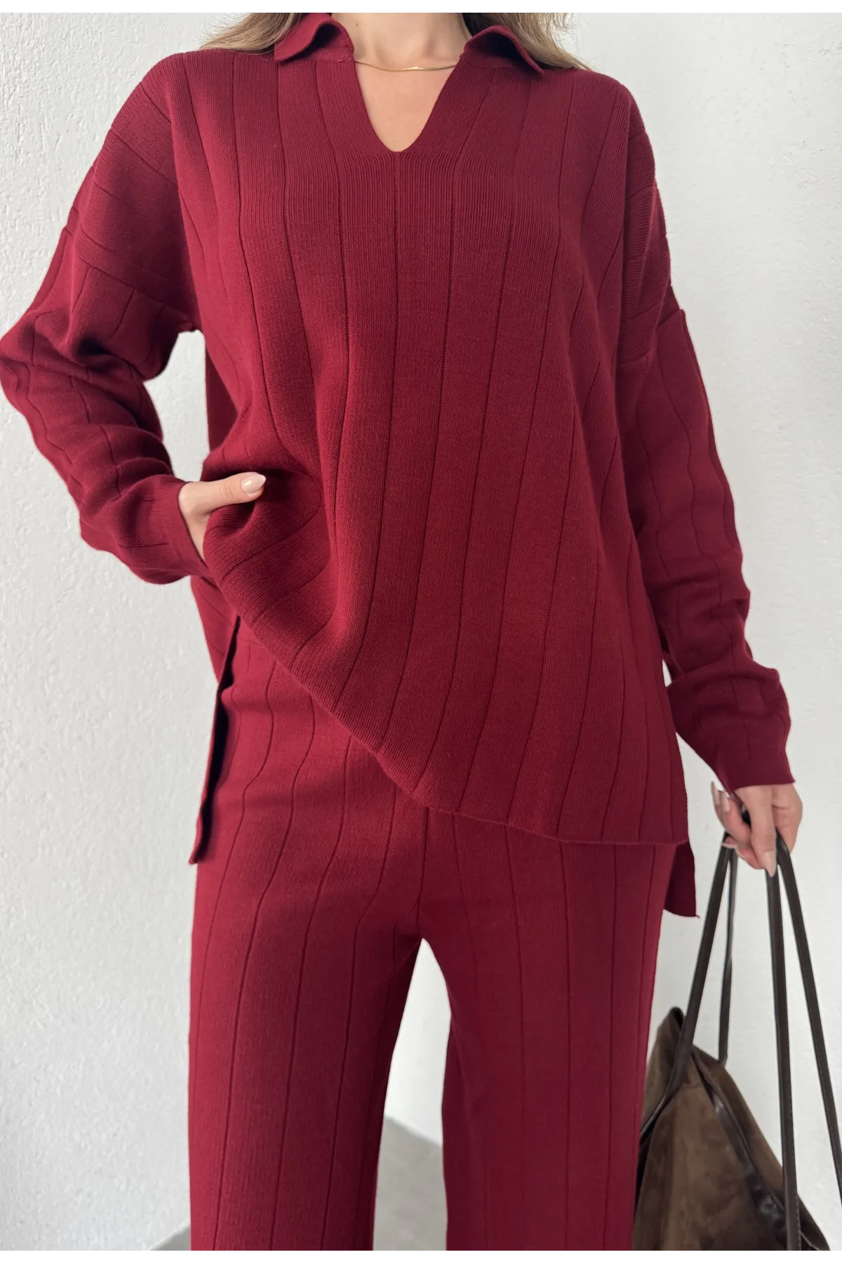 Bordo Polo Yakalı Kazak İspanyol Paça Triko Pantolon İkili Takım