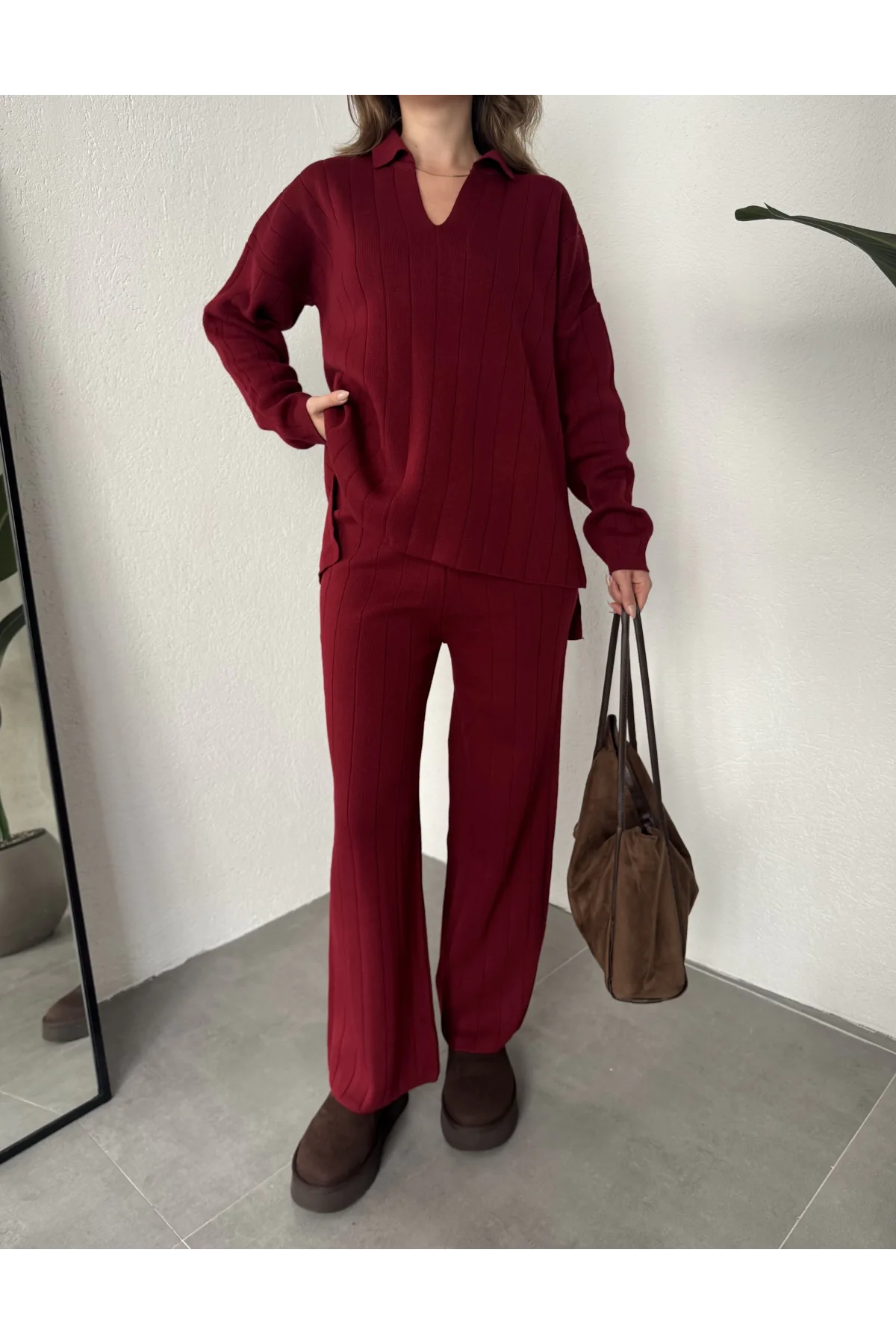 Bordo Polo Yakalı Kazak İspanyol Paça Triko Pantolon İkili Takım