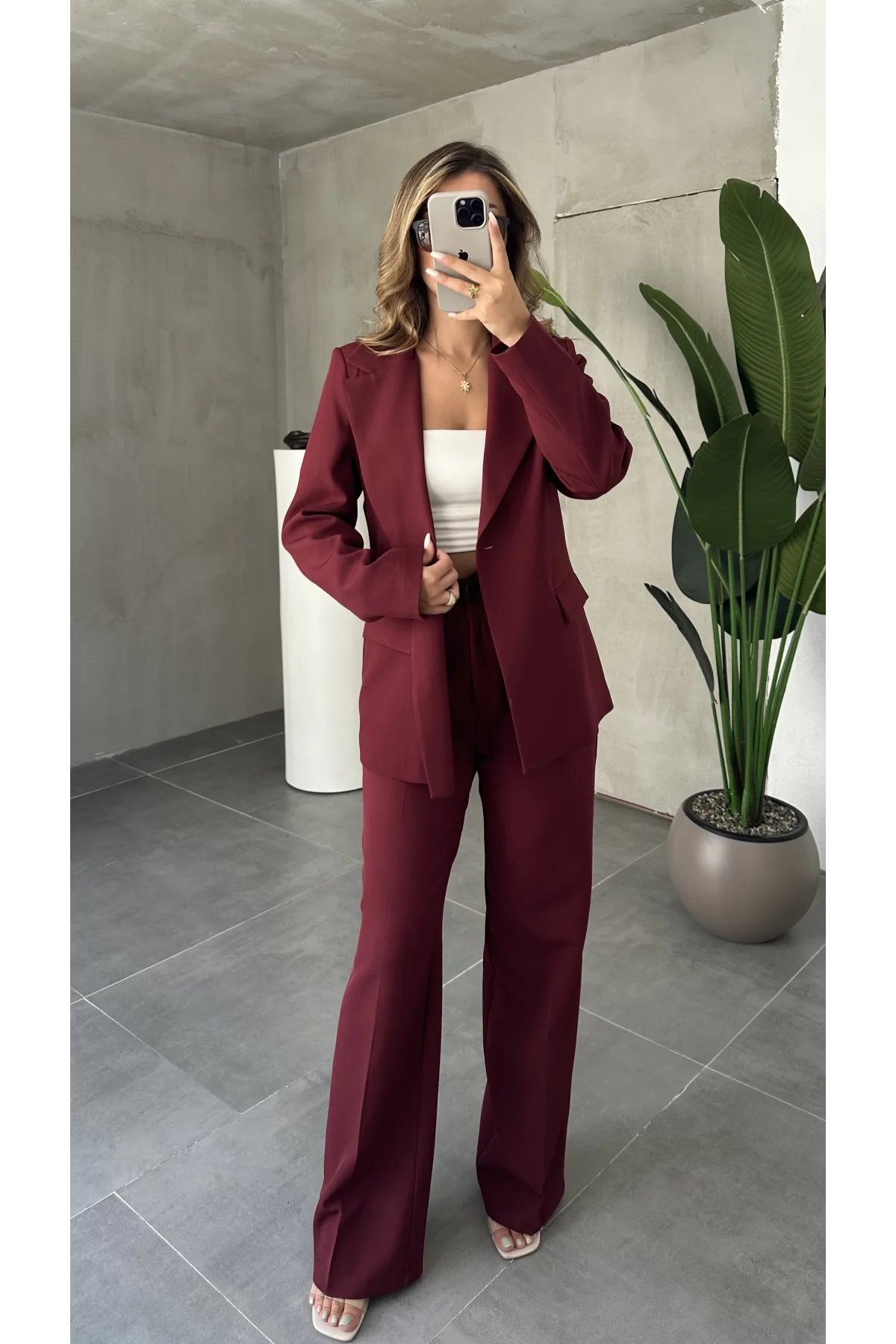Bordo Tek Düğmeli Blazer Ceket&Palazzo Pantolon İkili Takım