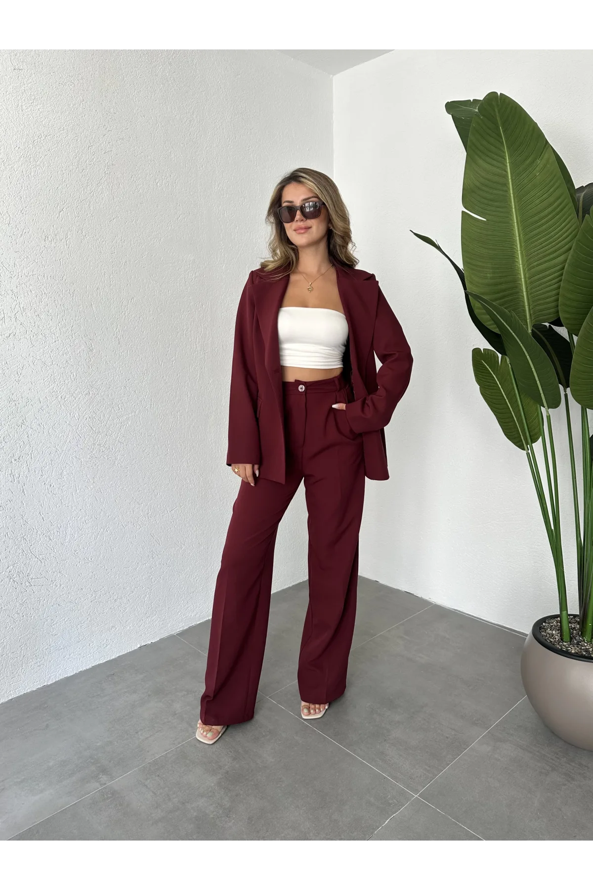 Bordo Tek Düğmeli Blazer Ceket&Palazzo Pantolon İkili Takım