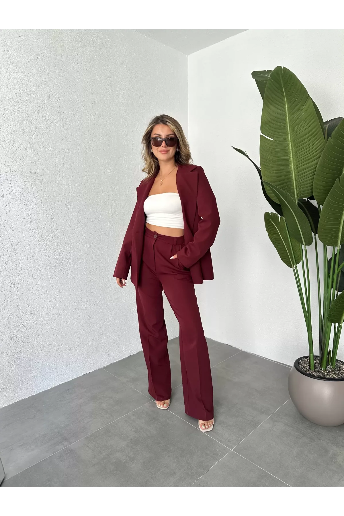 Bordo Tek Düğmeli Blazer Ceket&Palazzo Pantolon İkili Takım