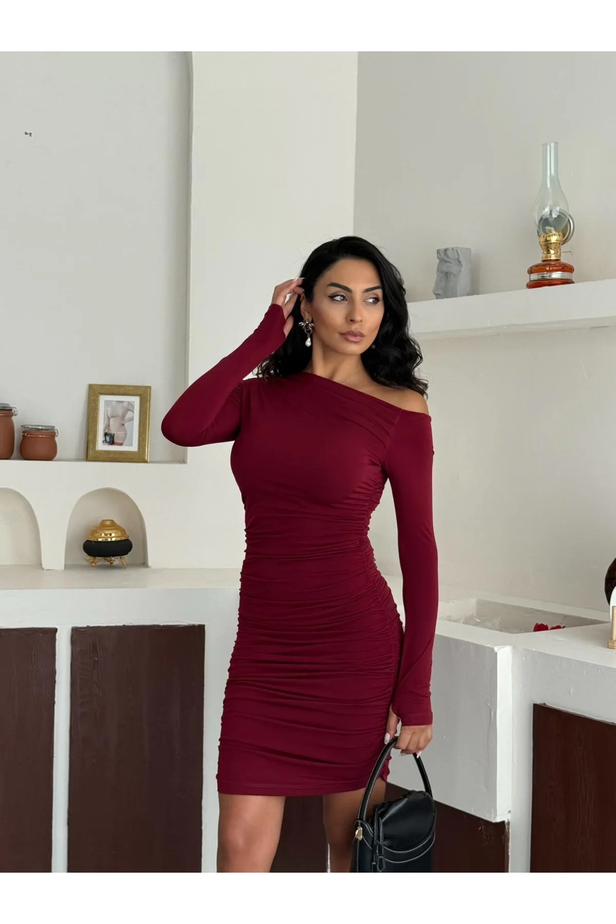 Bordo Tek Omuz Kayık Yaka Büzgülü Parmak Geçirmeli Mini Boy Candy Elbise