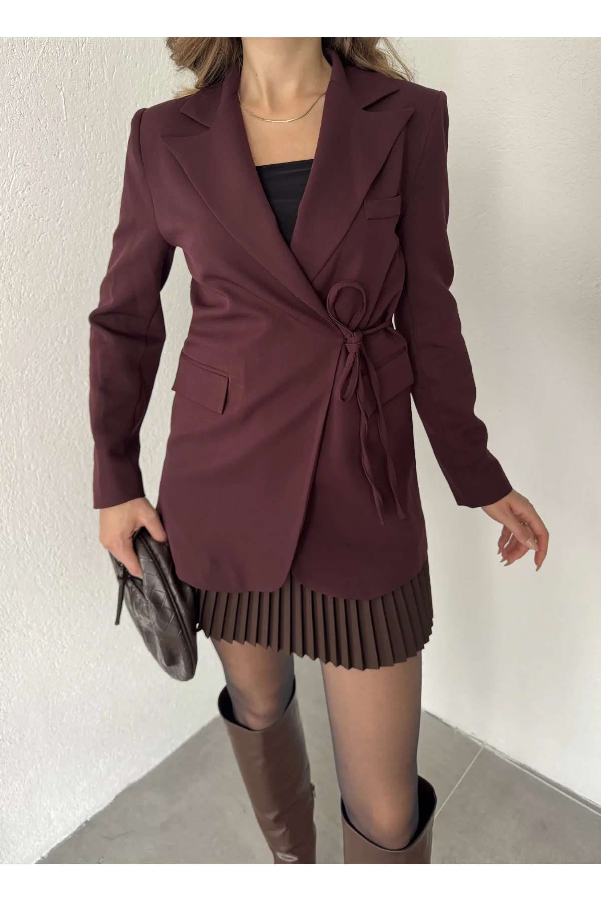 Bordo Yandan Bağlamalı Astarlı Günlük Ceket