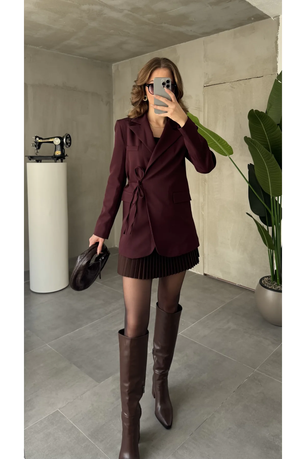 Bordo Yandan Bağlamalı Astarlı Günlük Ceket