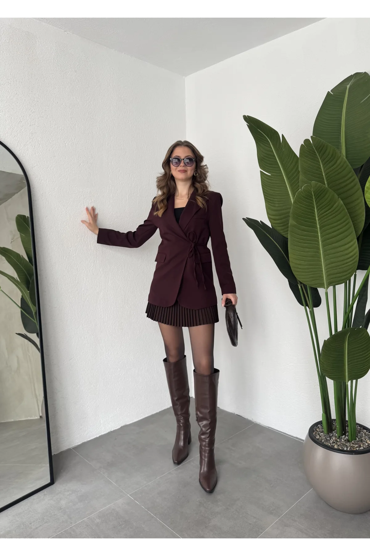 Bordo Yandan Bağlamalı Astarlı Günlük Ceket