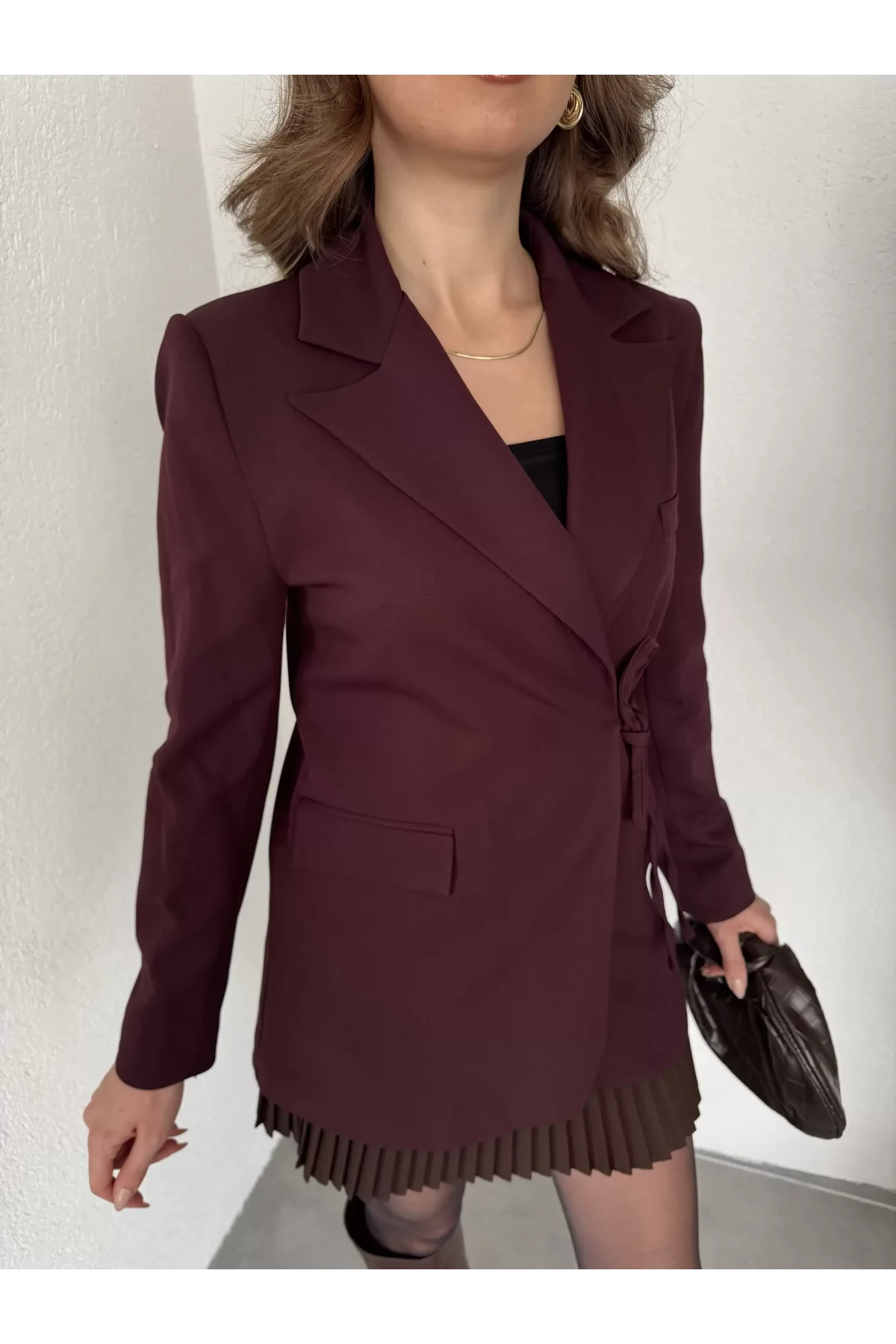 Bordo Yandan Bağlamalı Astarlı Günlük Ceket