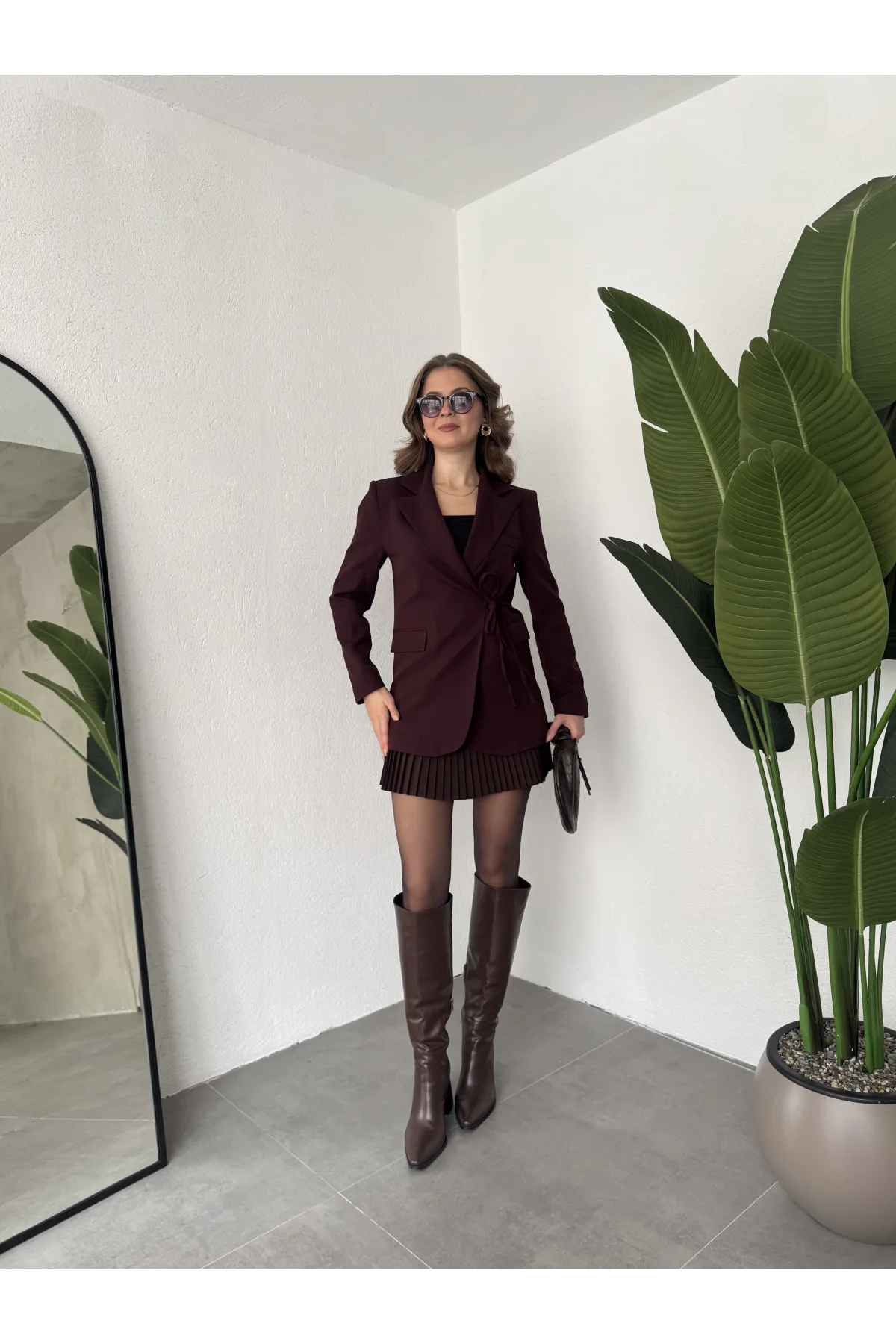 Bordo Yandan Bağlamalı Astarlı Günlük Ceket