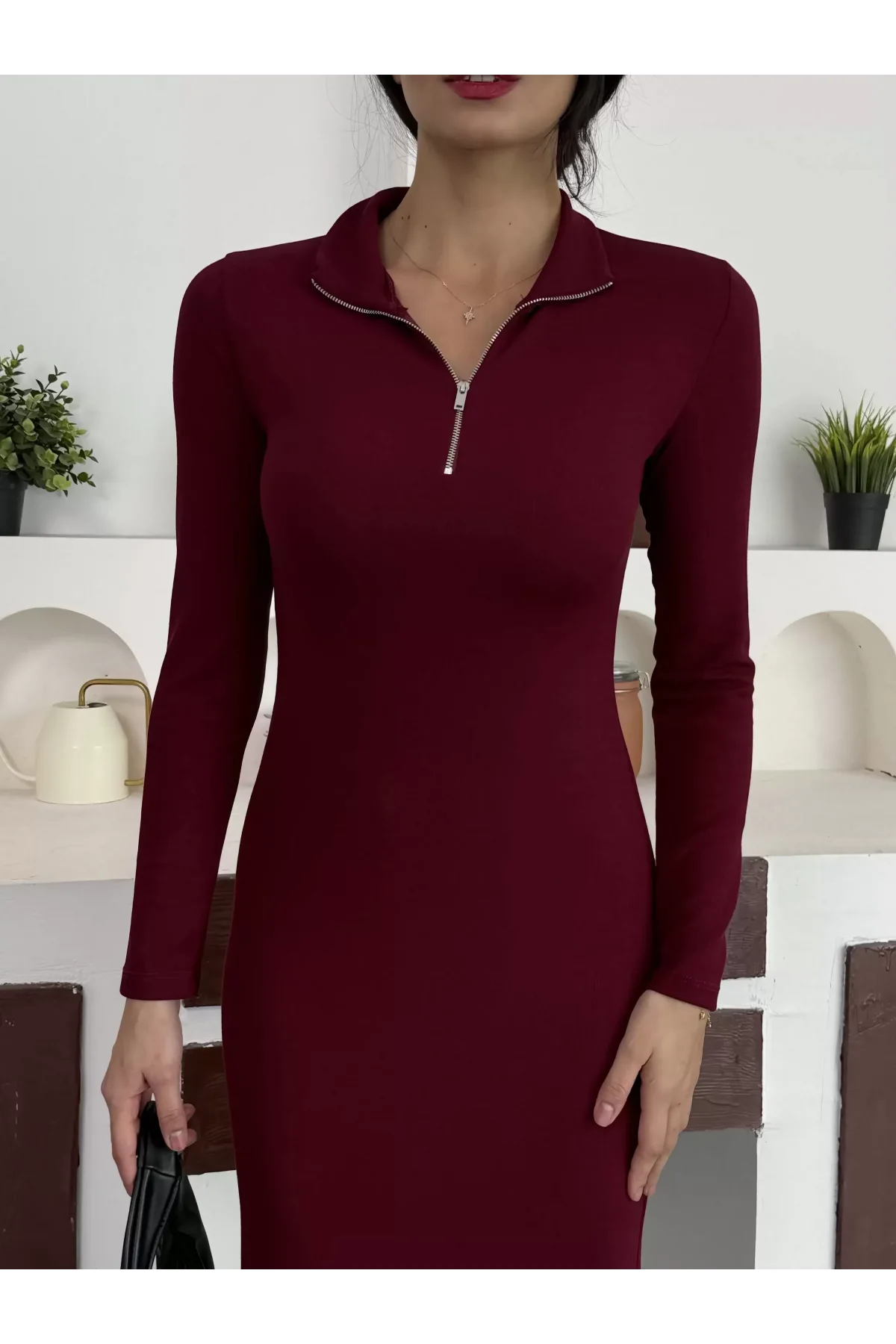Bordo Yarım Fermuarlı Fitilli Tam Boy Uzun Kollu Midi Elbise