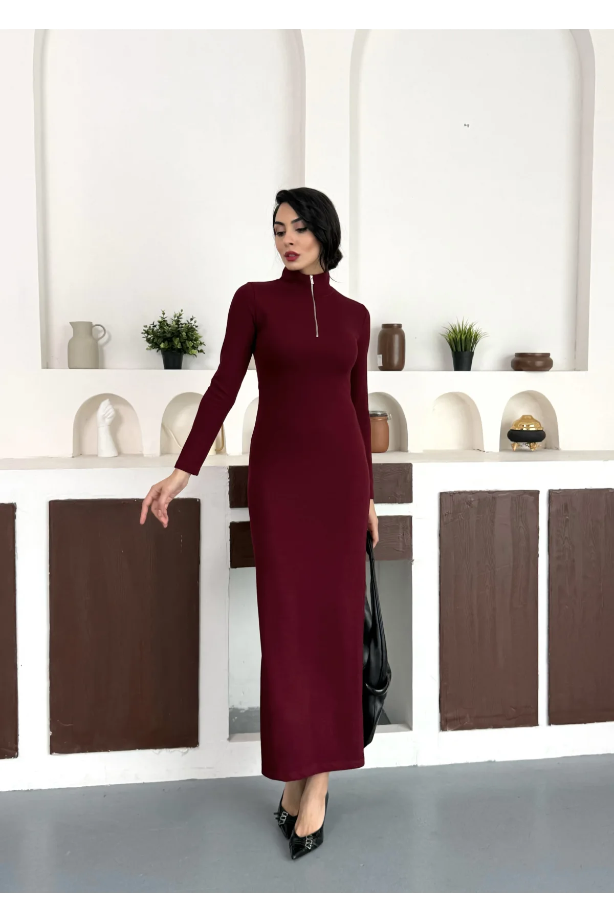 Bordo Yarım Fermuarlı Fitilli Tam Boy Uzun Kollu Midi Elbise