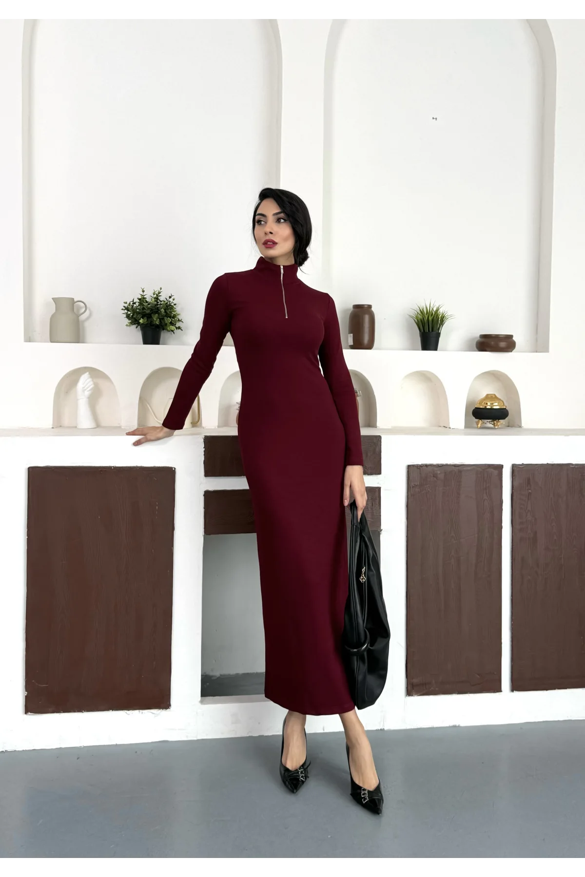 Bordo Yarım Fermuarlı Fitilli Tam Boy Uzun Kollu Midi Elbise