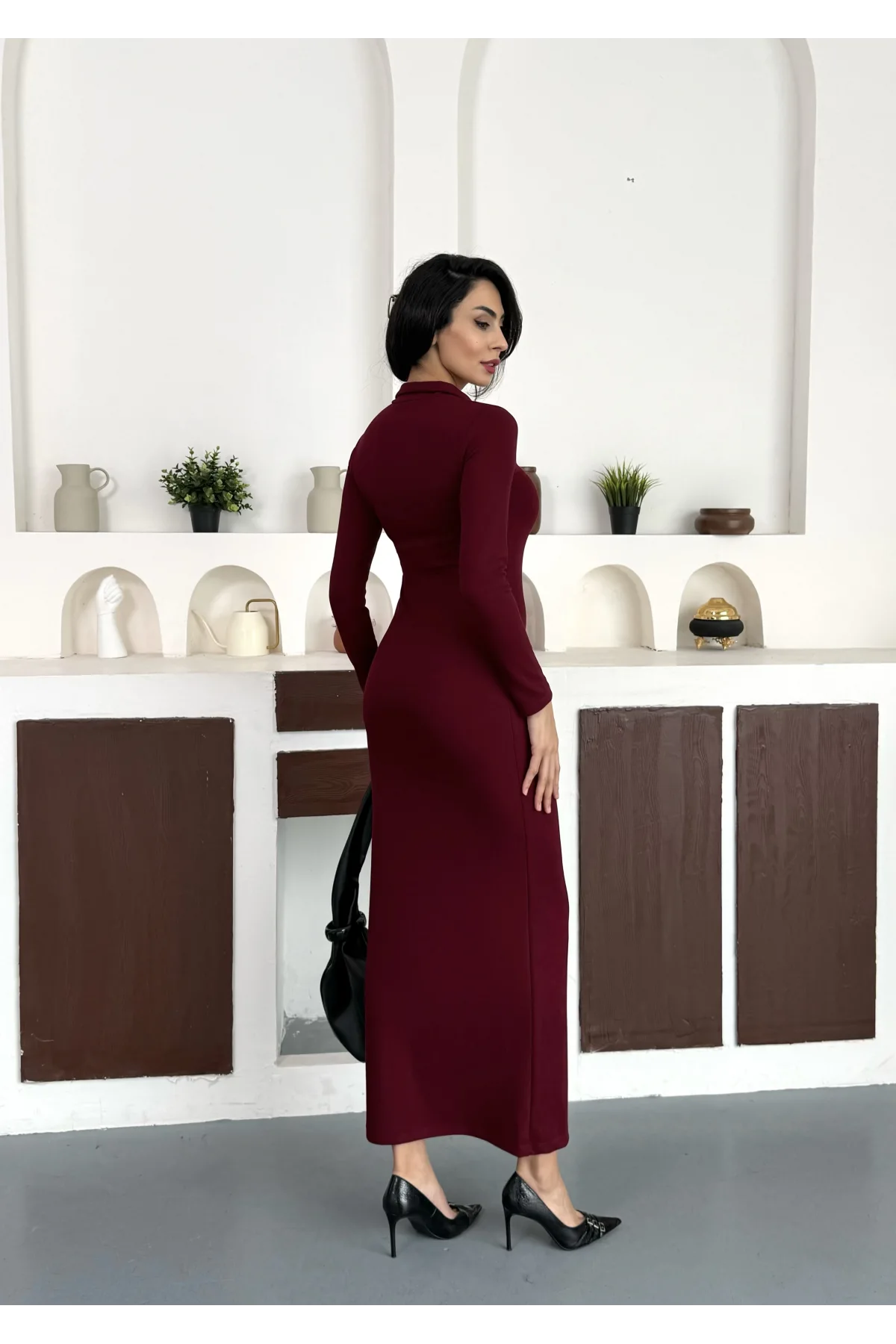 Bordo Yarım Fermuarlı Fitilli Tam Boy Uzun Kollu Midi Elbise