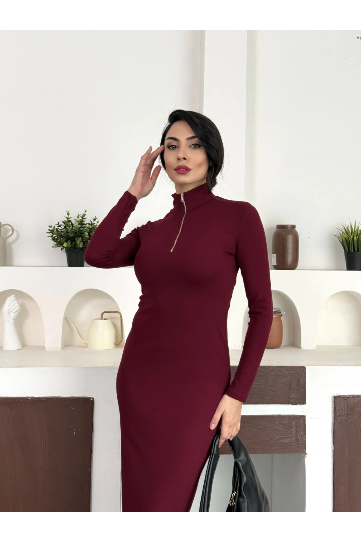 Bordo Yarım Fermuarlı Fitilli Tam Boy Uzun Kollu Midi Elbise