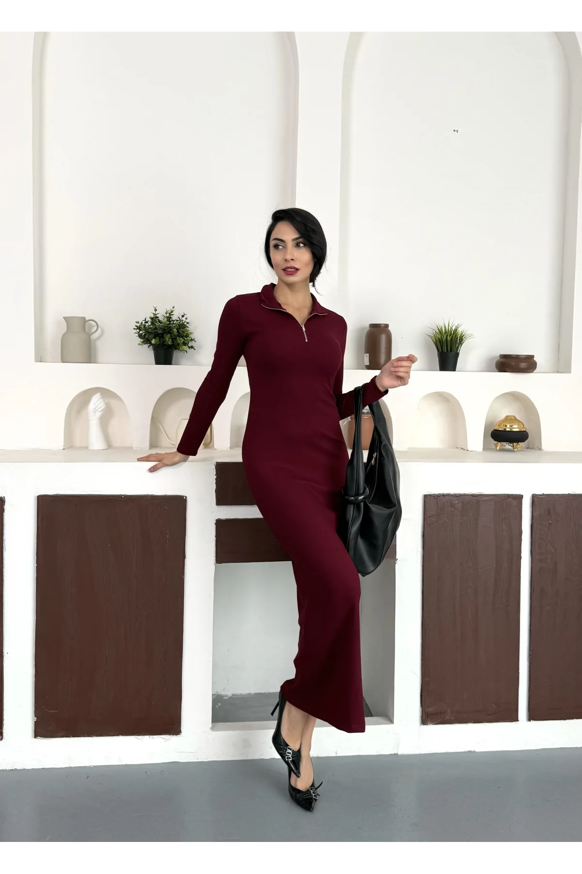 Bordo Yarım Fermuarlı Fitilli Tam Boy Uzun Kollu Midi Elbise