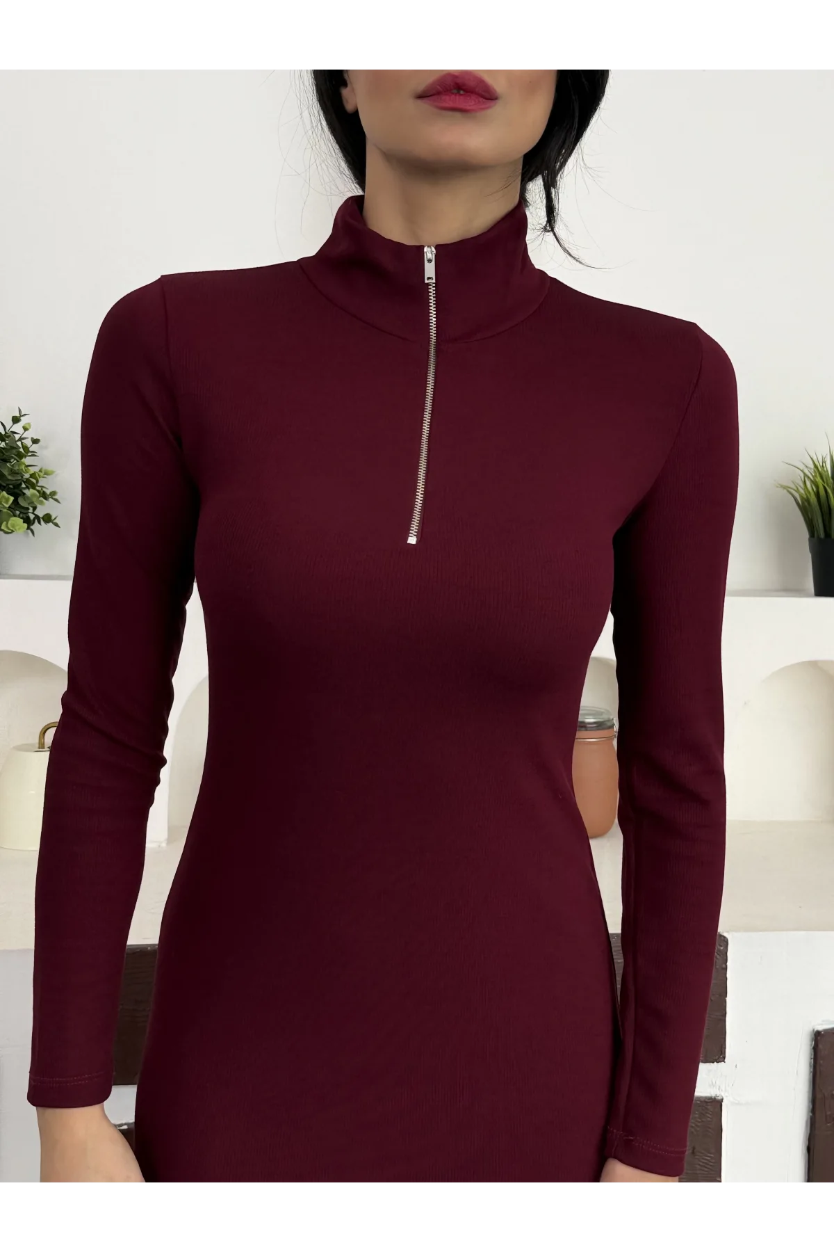 Bordo Yarım Fermuarlı Fitilli Tam Boy Uzun Kollu Midi Elbise