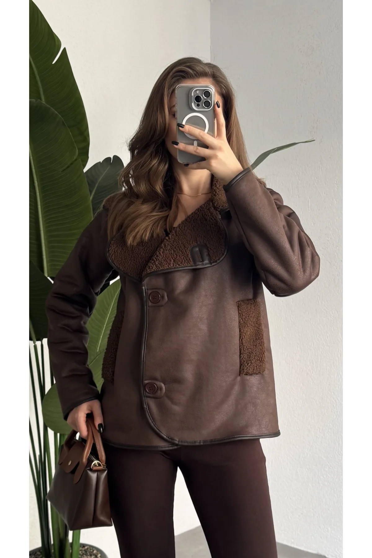 Kahverengi Düğmeli İçi Yünlü Vintage Oversize Süet Ceket Mont