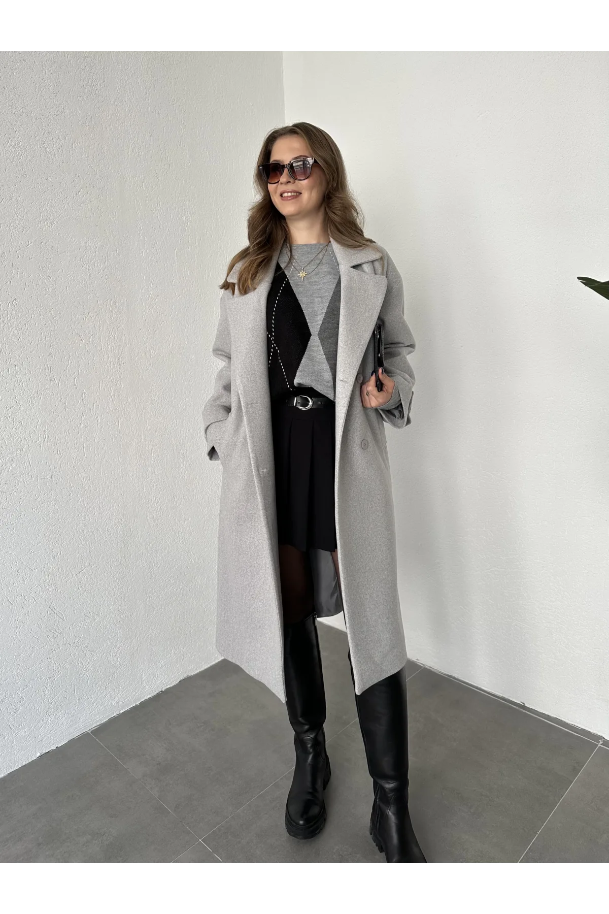 Gri Kruvaze Oversize Premium Kalite Kuşaklı Tam Boy Uzun Kaşe Mont
