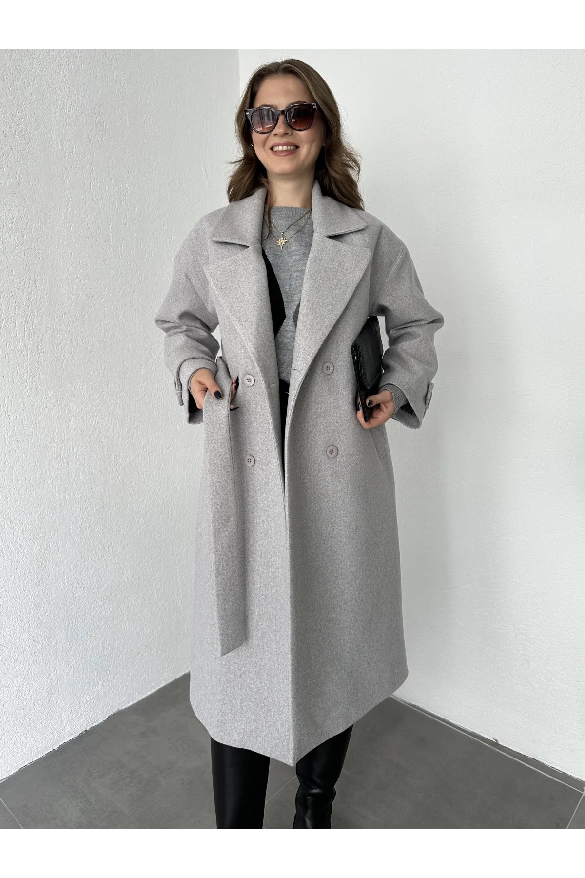 Gri Kruvaze Oversize Premium Kalite Kuşaklı Tam Boy Uzun Kaşe Mont