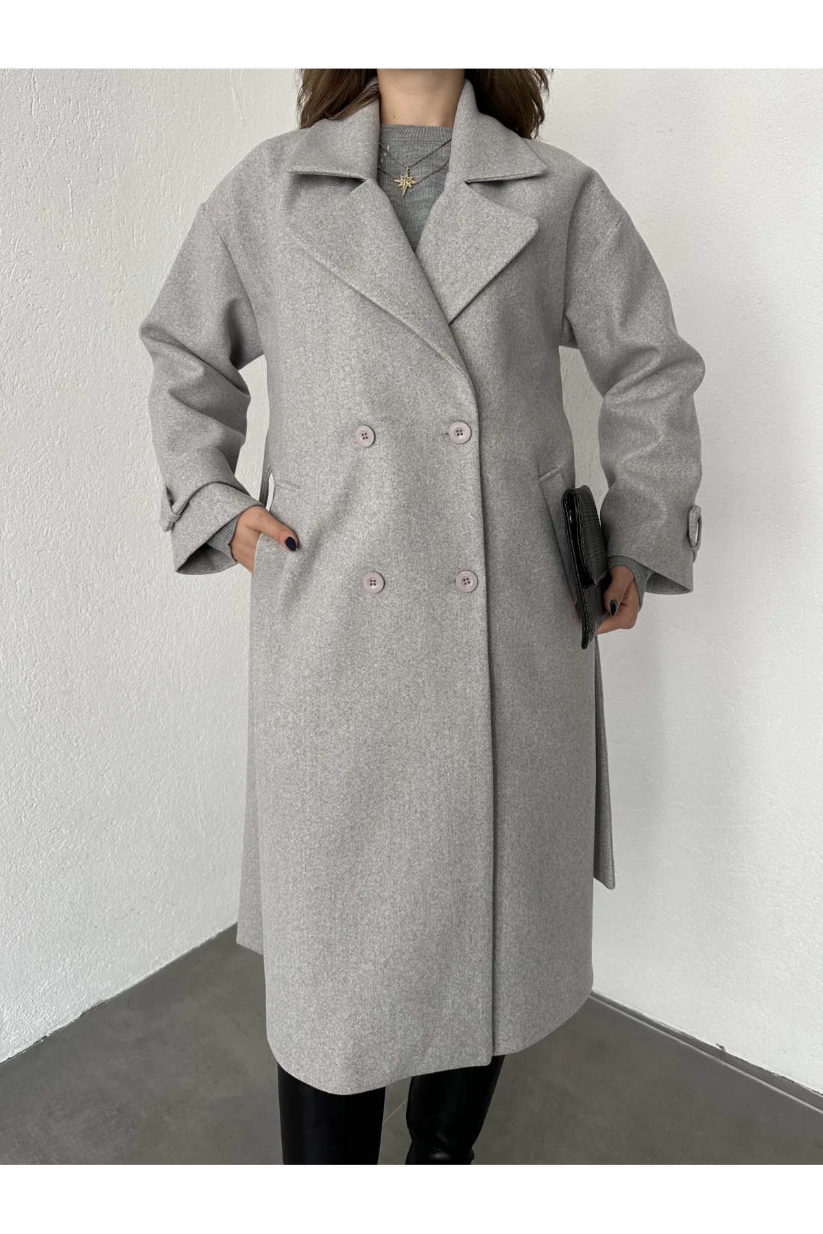 Gri Kruvaze Oversize Premium Kalite Kuşaklı Tam Boy Uzun Kaşe Mont