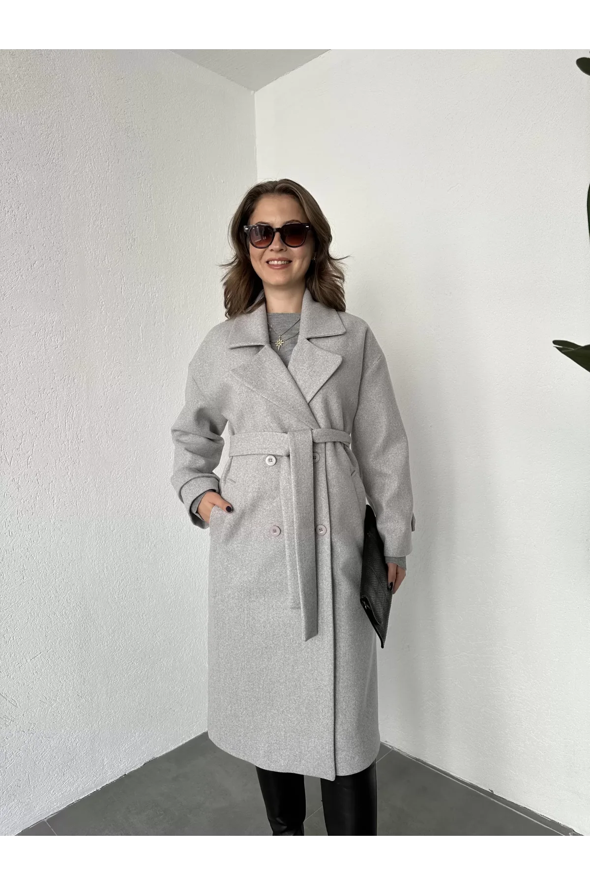 Gri Kruvaze Oversize Premium Kalite Kuşaklı Tam Boy Uzun Kaşe Mont