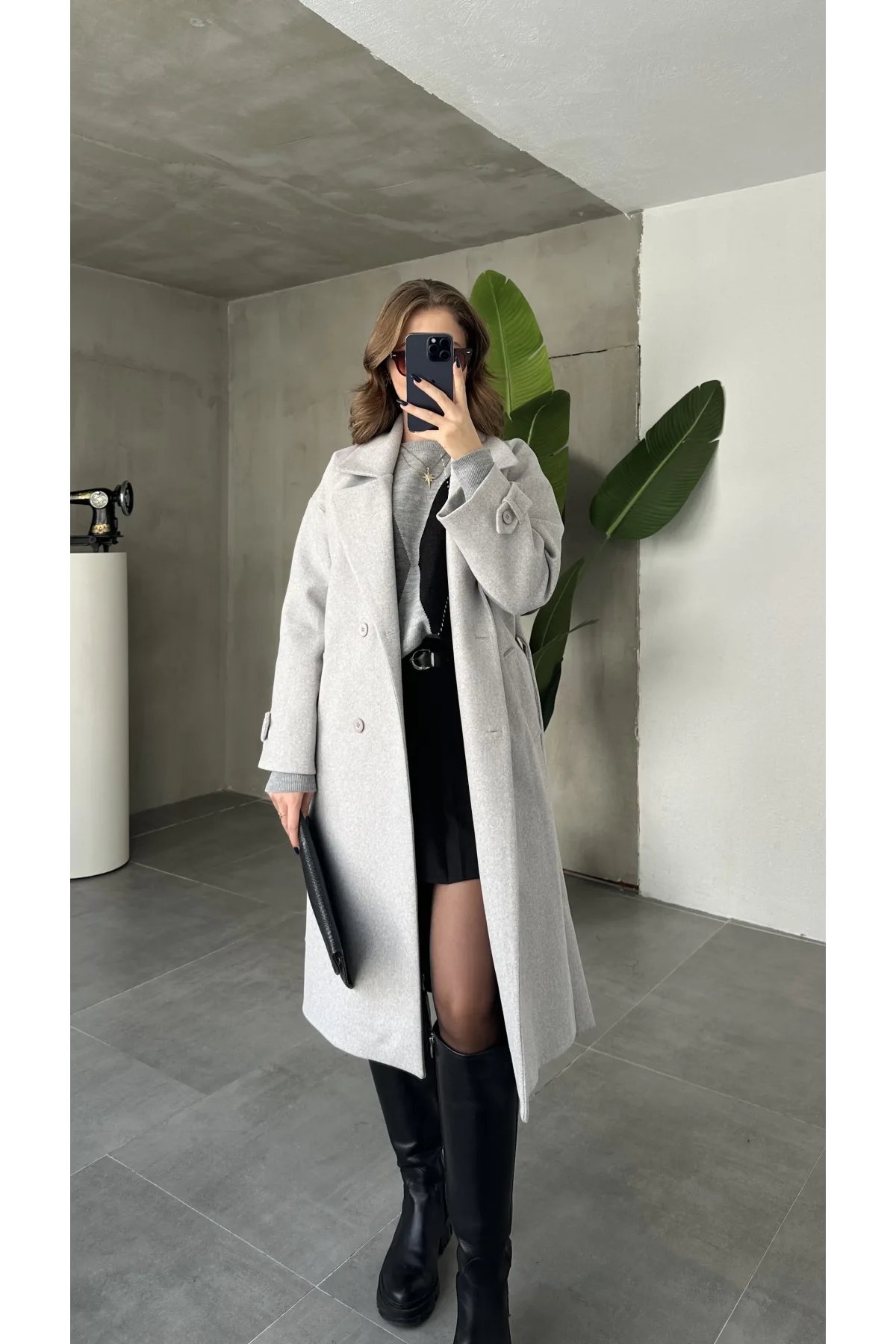 Gri Kruvaze Oversize Premium Kalite Kuşaklı Tam Boy Uzun Kaşe Mont